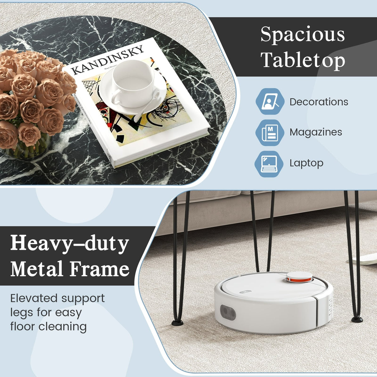 Round Coffee Table with Thickened Tabletop and Metal Tripod Legs-Black-End & Side Tables-DECOROLALA