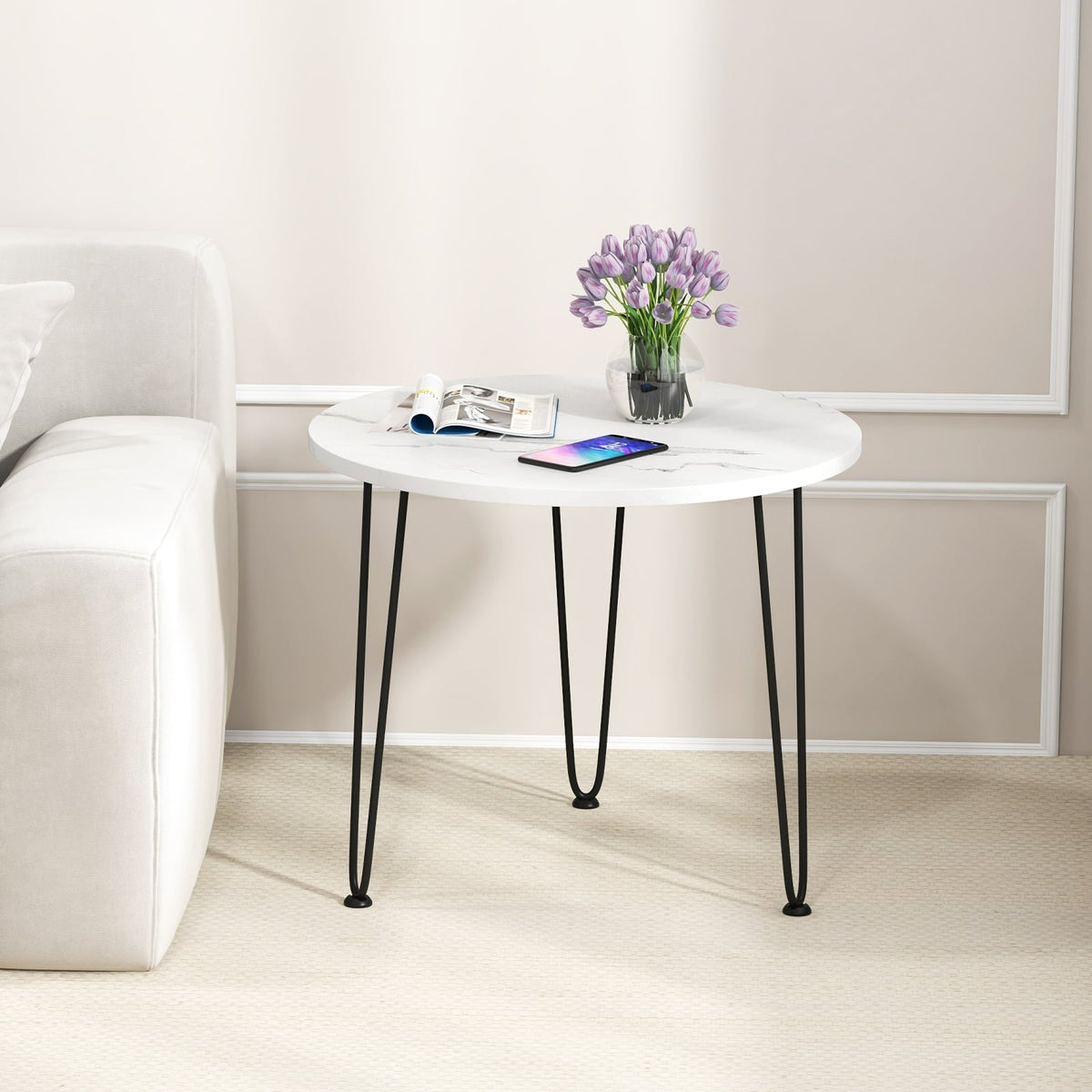 Round Coffee Table with Thickened Tabletop and Metal Tripod Legs-White-End & Side Tables-DECOROLALA