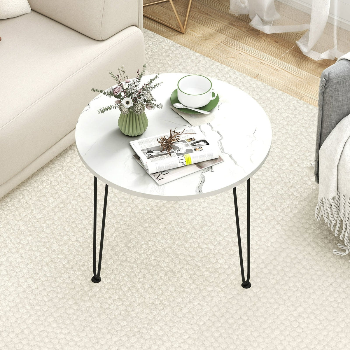 Round Coffee Table with Thickened Tabletop and Metal Tripod Legs-White-End & Side Tables-DECOROLALA