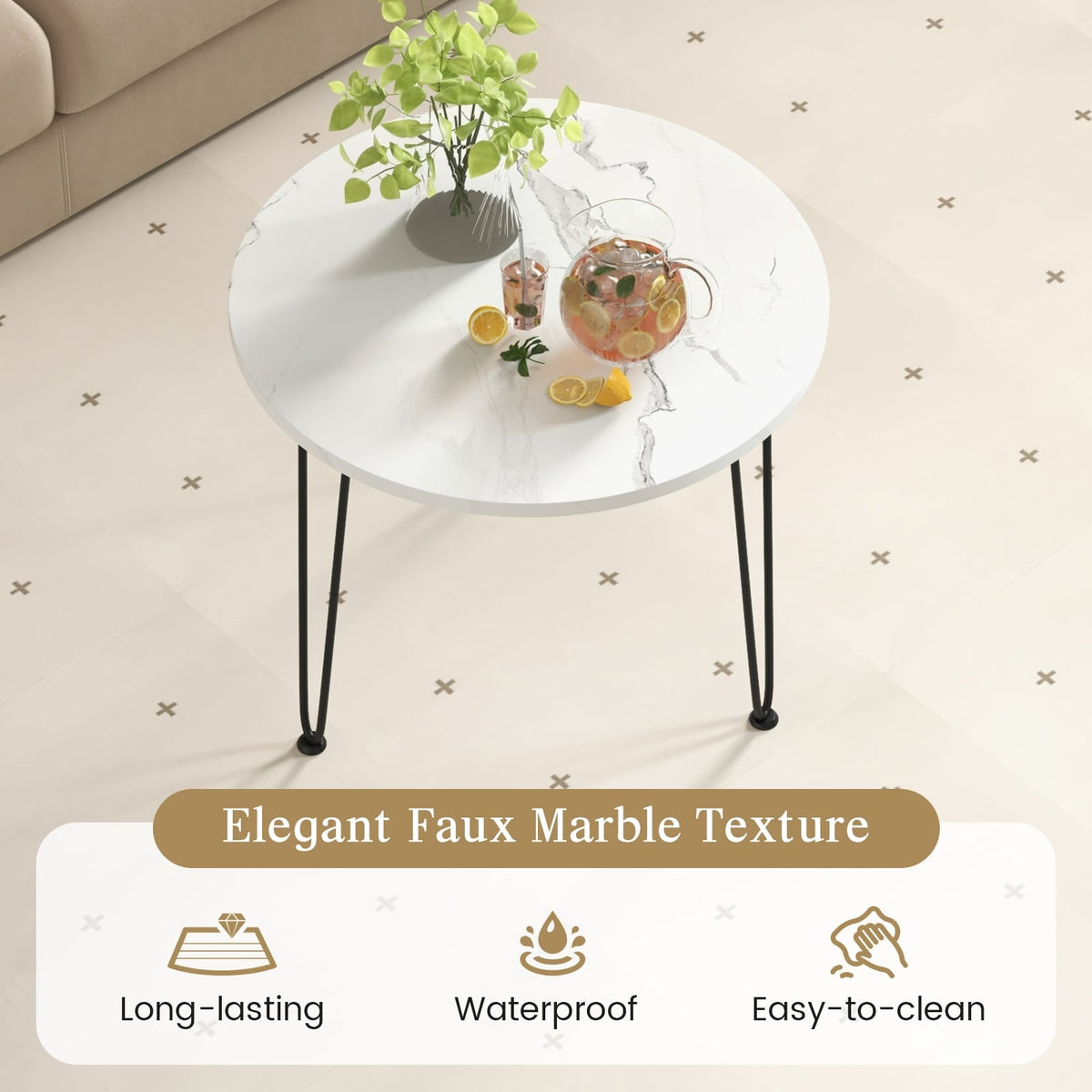 Round Coffee Table with Thickened Tabletop and Metal Tripod Legs-White-End & Side Tables-DECOROLALA