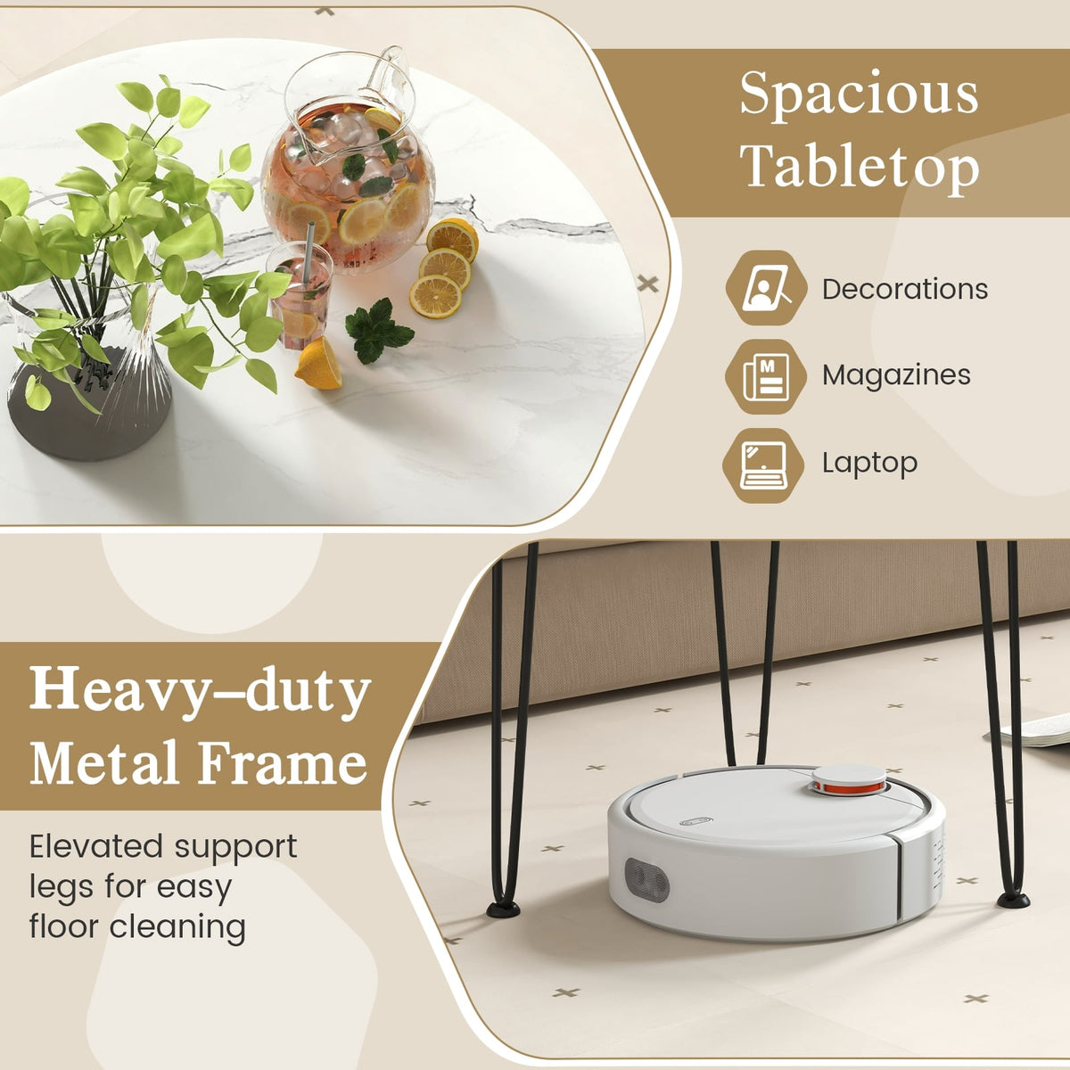 Round Coffee Table with Thickened Tabletop and Metal Tripod Legs-White-End & Side Tables-DECOROLALA
