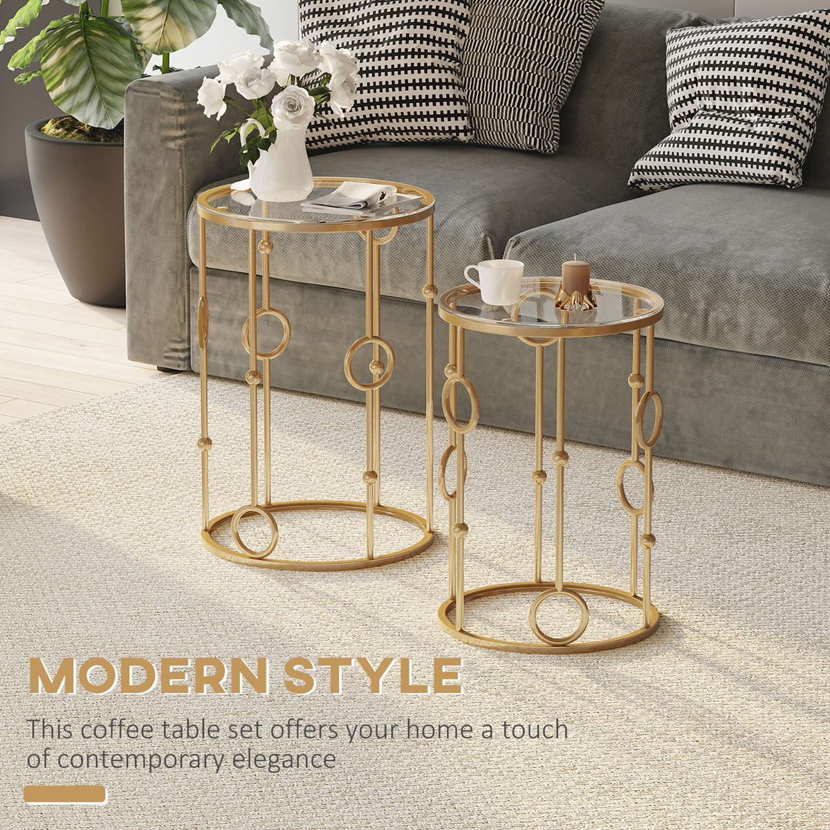 Round Coffee Tables Set of 2 - Gold Nesting Glass Side Tables-Home Furnishings > Living Room Furniture > Coffee Tables-DECOROLALA
