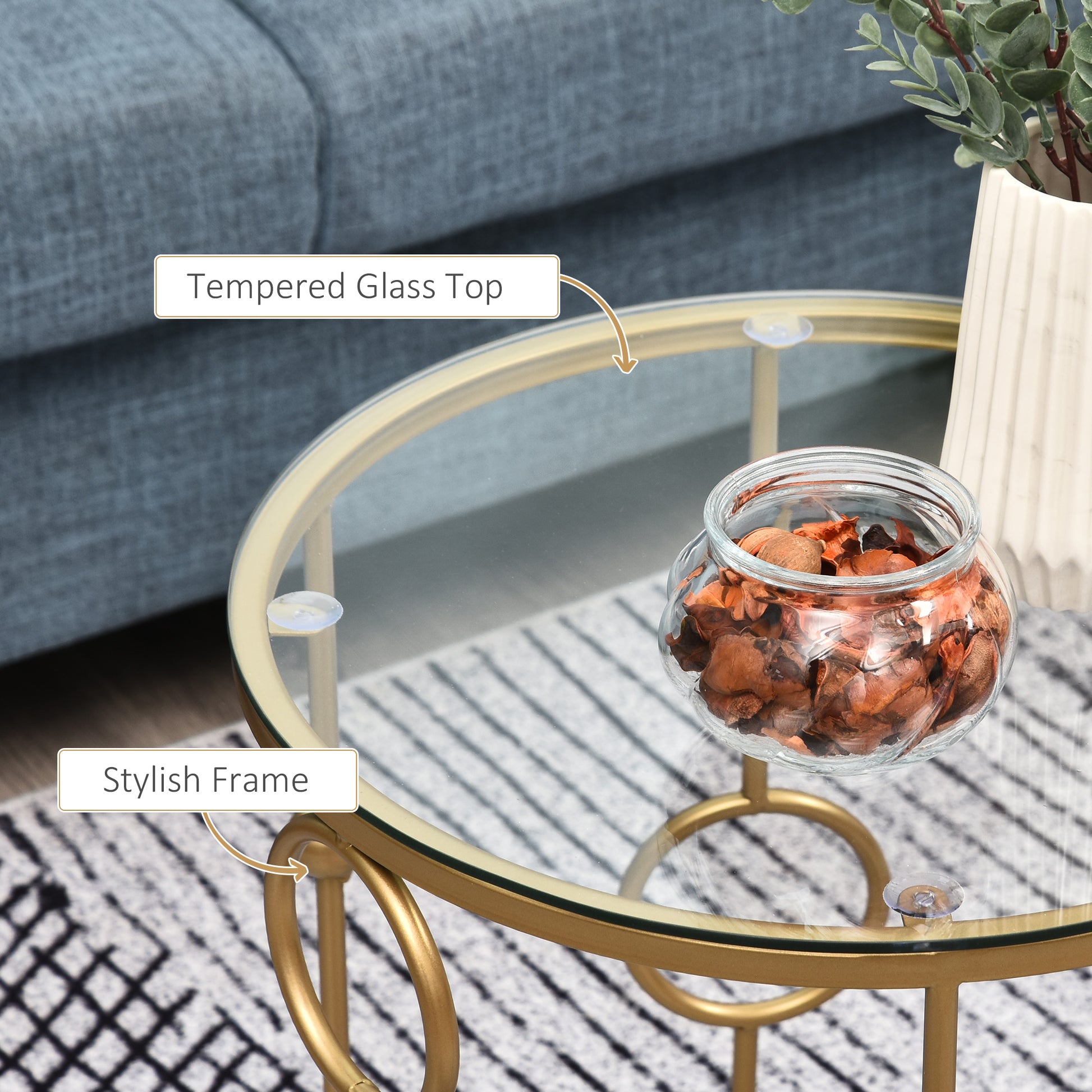 Round Coffee Tables Set of 2 - Gold Nesting Glass Side Tables-Home Furnishings > Living Room Furniture > Coffee Tables-DECOROLALA