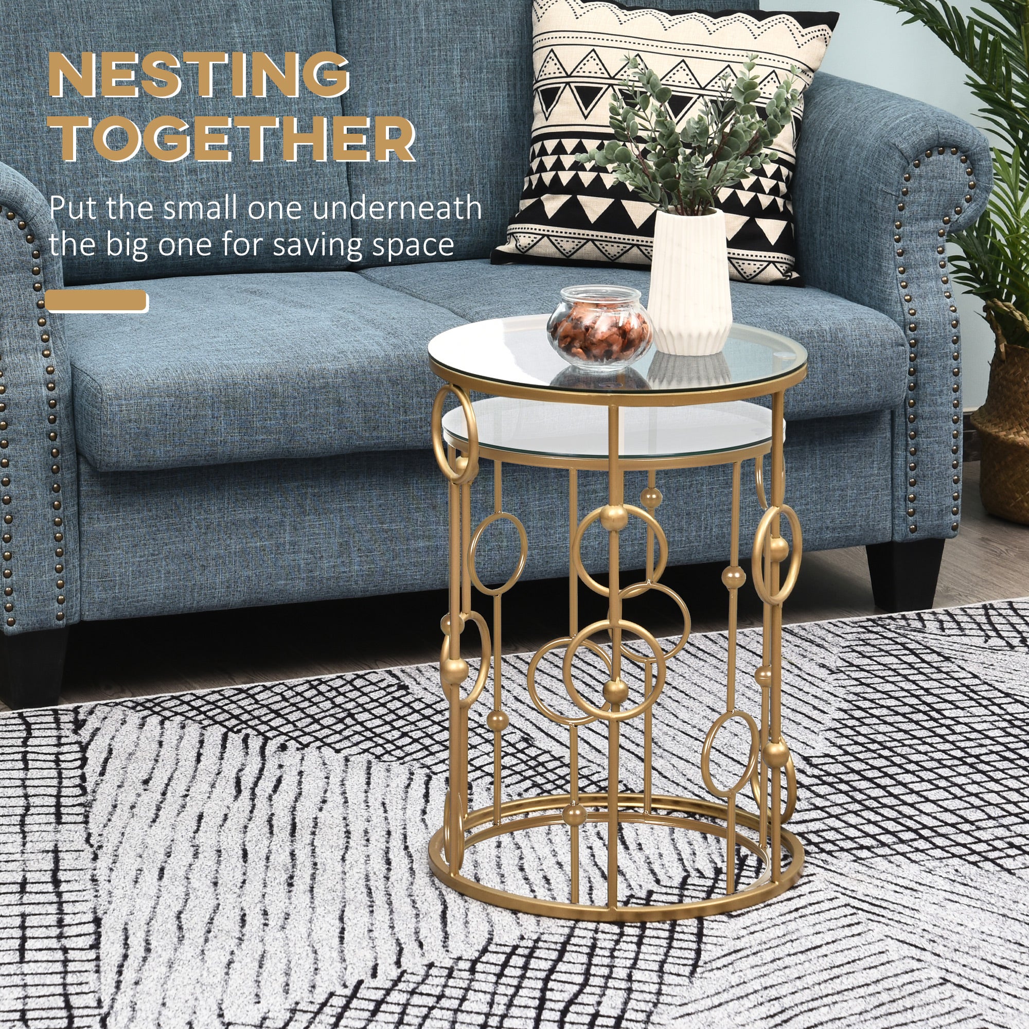 Round Coffee Tables Set of 2 - Gold Nesting Glass Side Tables-Home Furnishings > Living Room Furniture > Coffee Tables-DECOROLALA