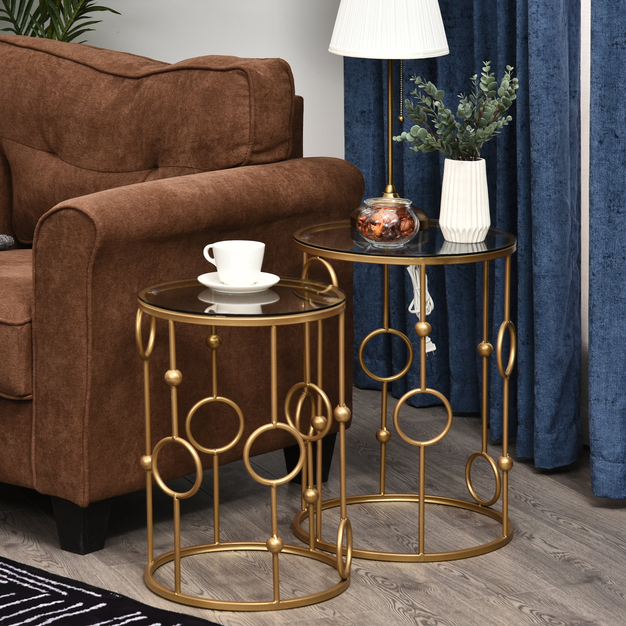 Round Coffee Tables Set of 2 - Gold Nesting Glass Side Tables-Home Furnishings > Living Room Furniture > Coffee Tables-DECOROLALA