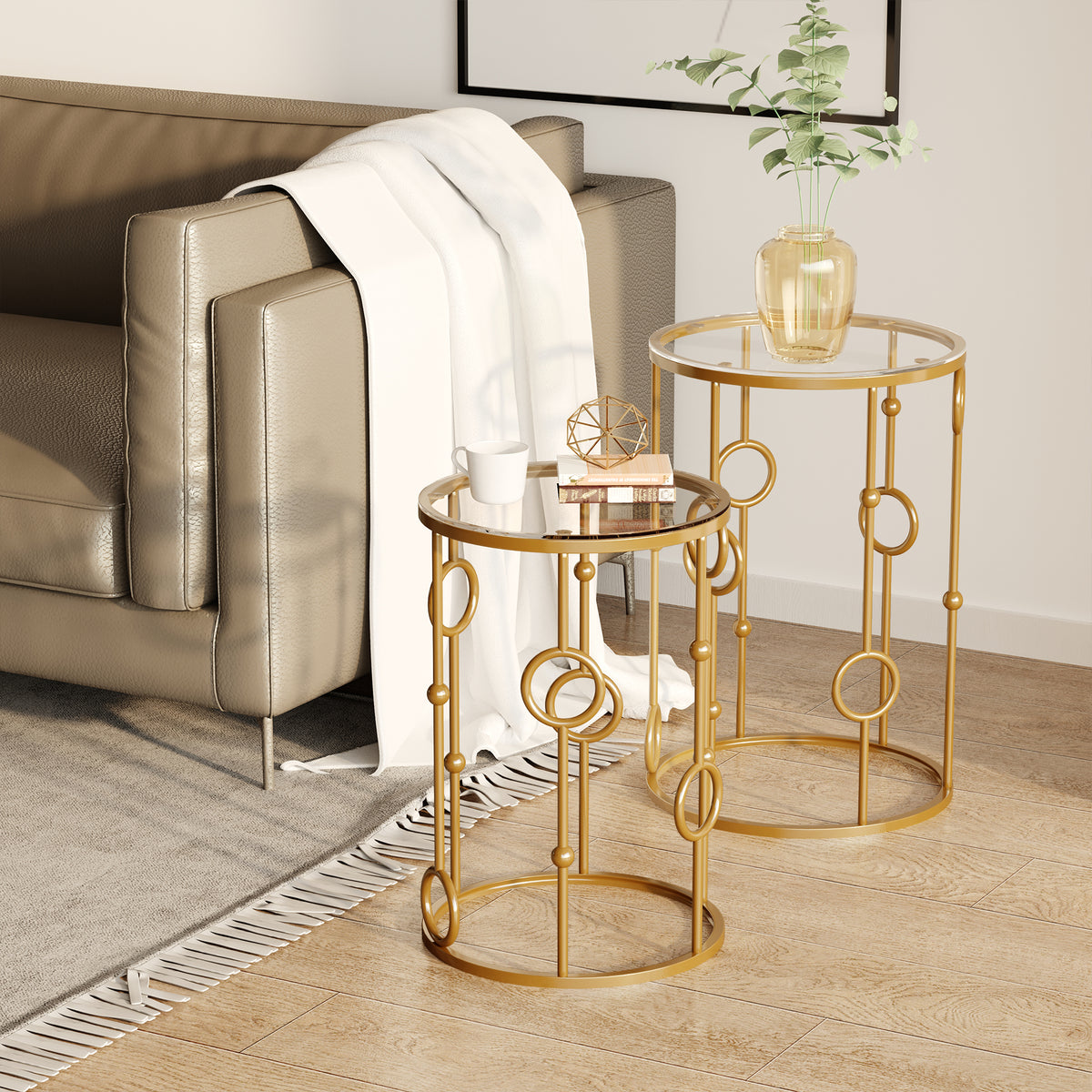Round Coffee Tables Set of 2 - Gold Nesting Glass Side Tables-Home Furnishings > Living Room Furniture > Coffee Tables-DECOROLALA