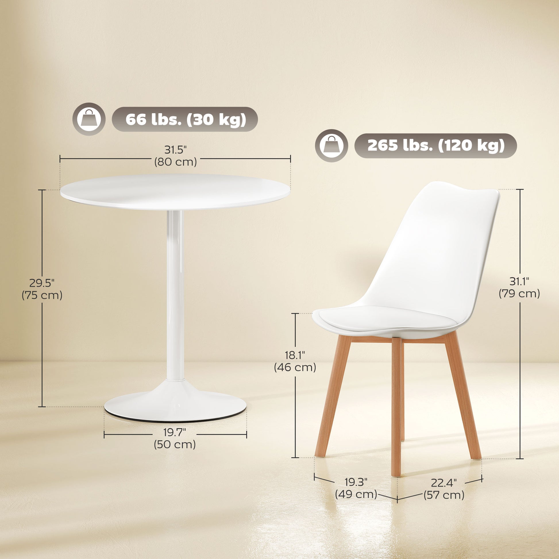 Round Dining Table Set for 4, White, Pedestal Base, PU Padded Seats, Small Space Apartment-DECOROLALA