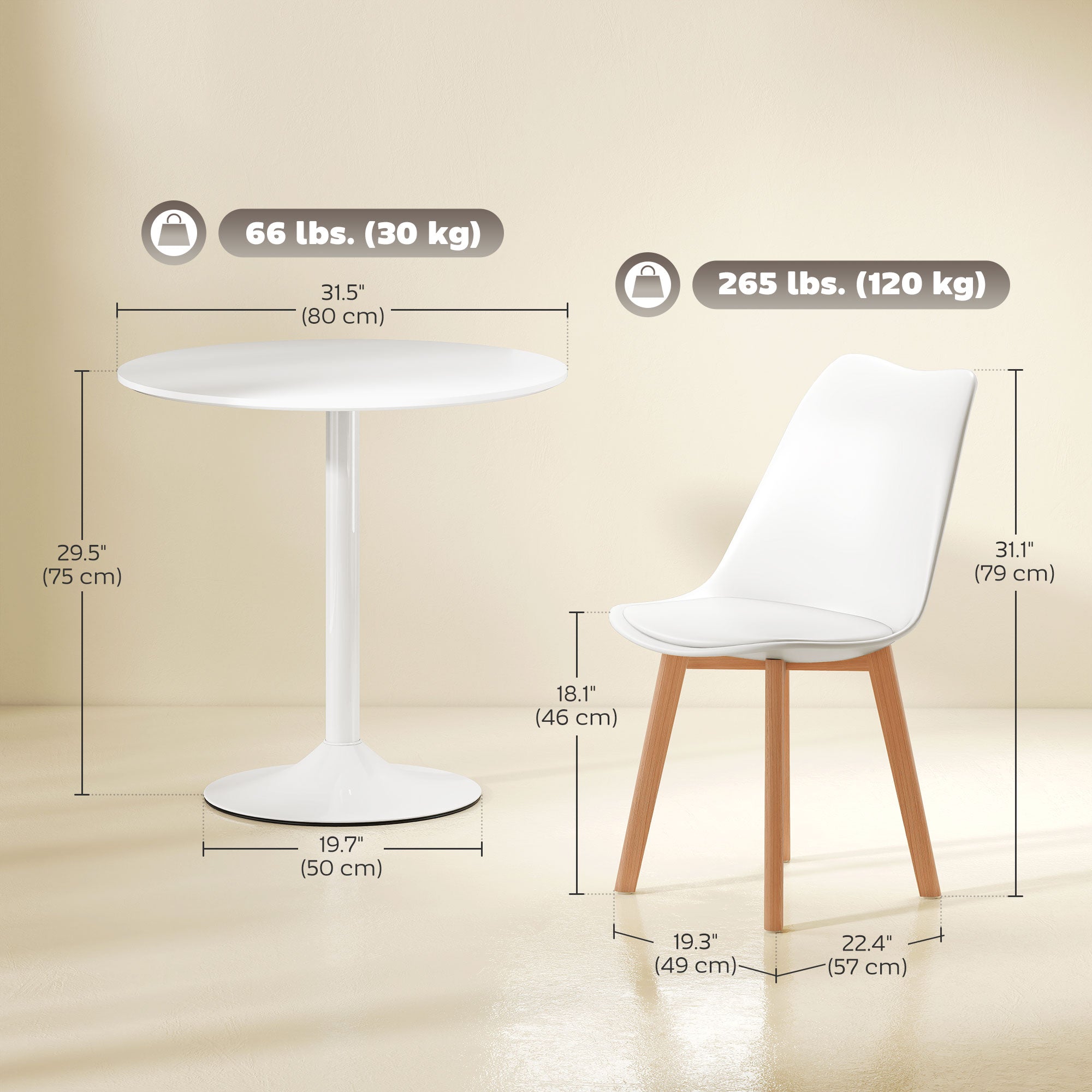 Round Dining Table Set for 4, White, Pedestal Base, PU Padded Seats, Small Space Apartment-DECOROLALA