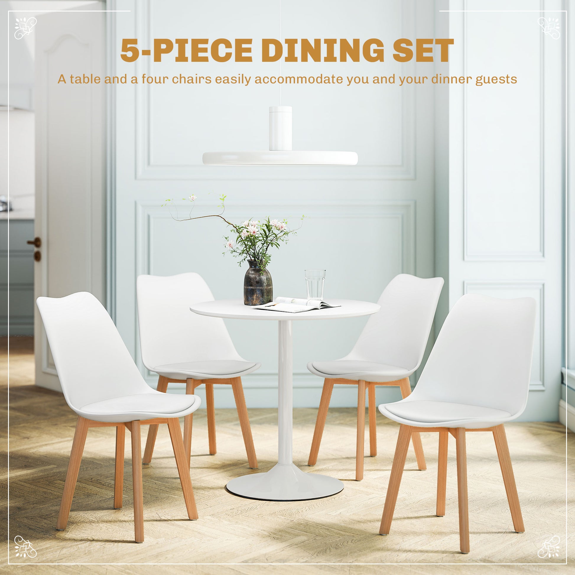 Round Dining Table Set for 4, White, Pedestal Base, PU Padded Seats, Small Space Apartment-DECOROLALA
