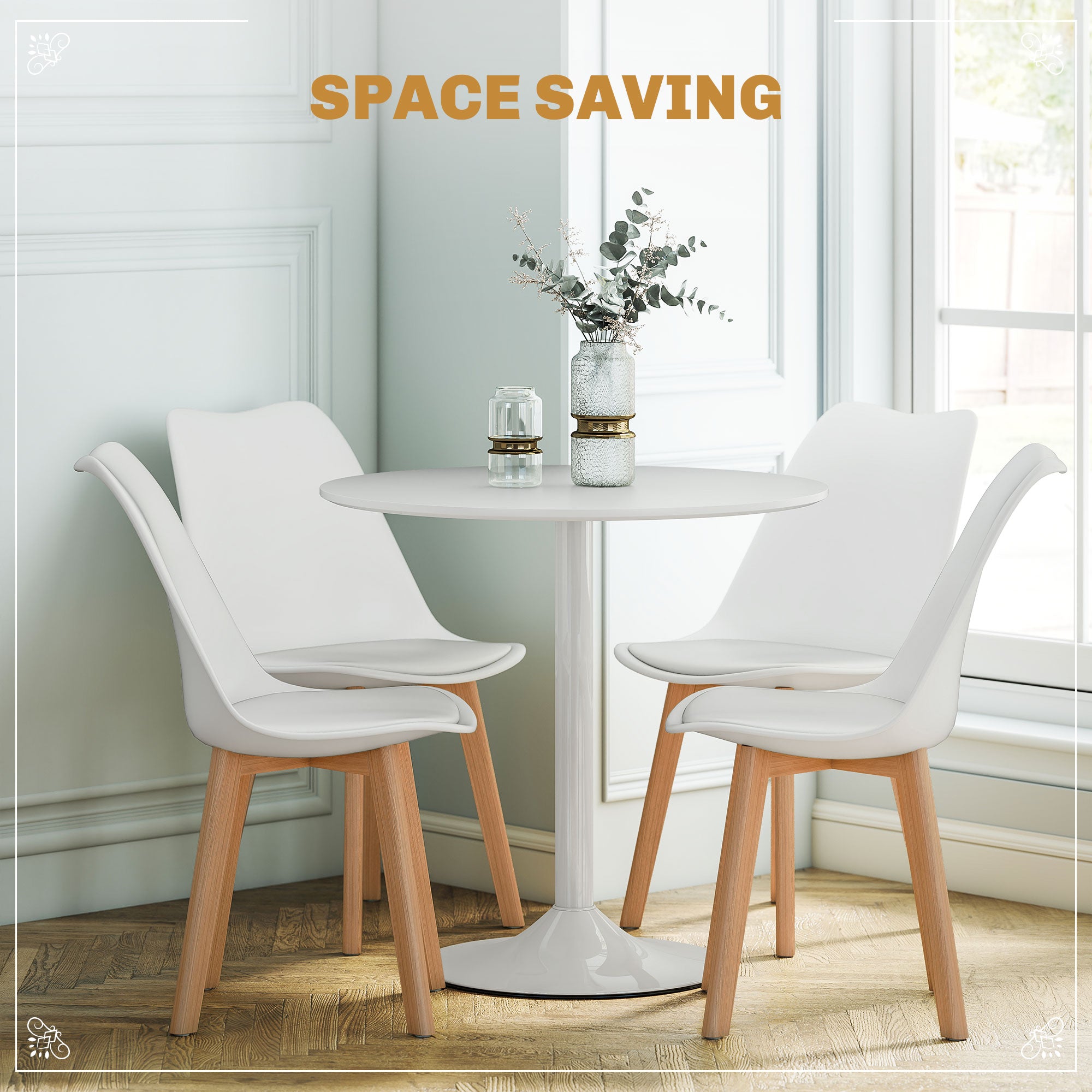 Round Dining Table Set for 4, White, Pedestal Base, PU Padded Seats, Small Space Apartment-DECOROLALA