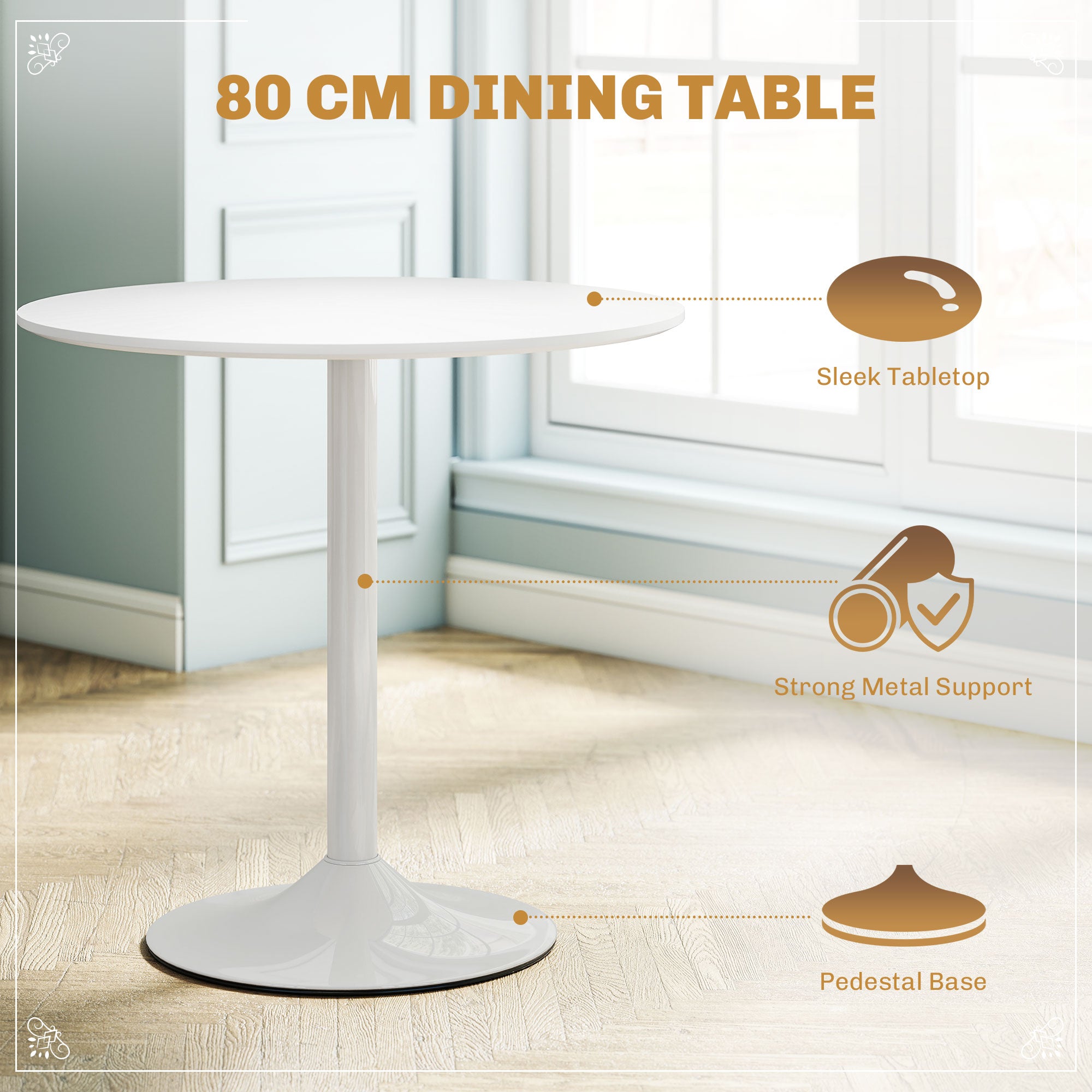 Round Dining Table Set for 4, White, Pedestal Base, PU Padded Seats, Small Space Apartment-DECOROLALA
