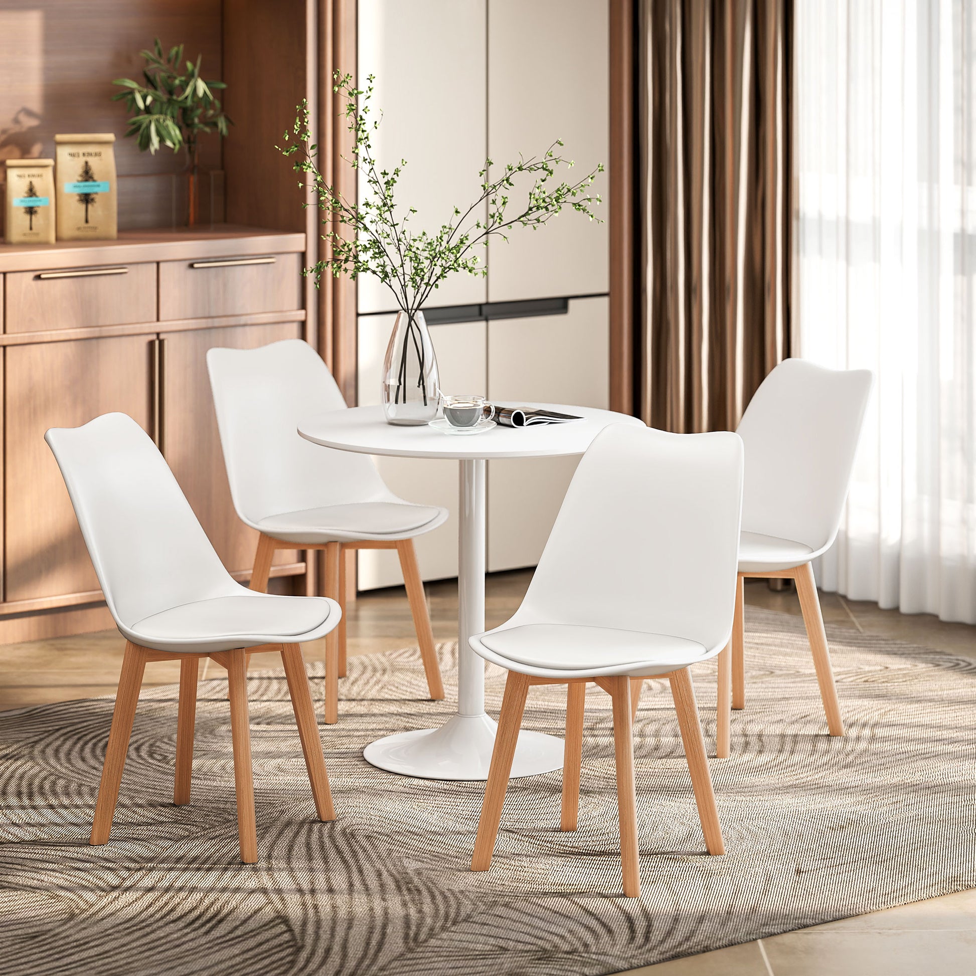 Round Dining Table Set for 4, White, Pedestal Base, PU Padded Seats, Small Space Apartment-DECOROLALA