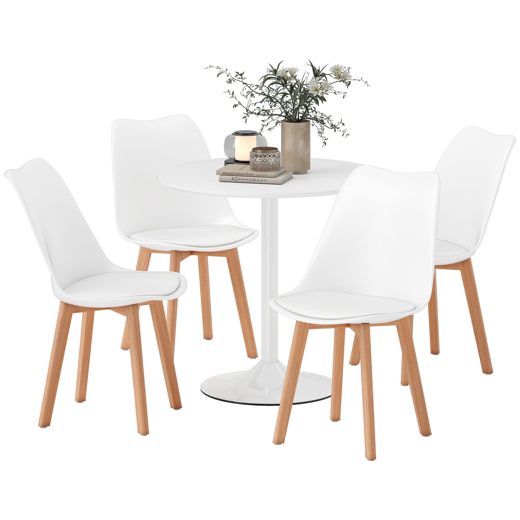 Round Dining Table Set for 4, White, Pedestal Base, PU Padded Seats, Small Space Apartment-DECOROLALA