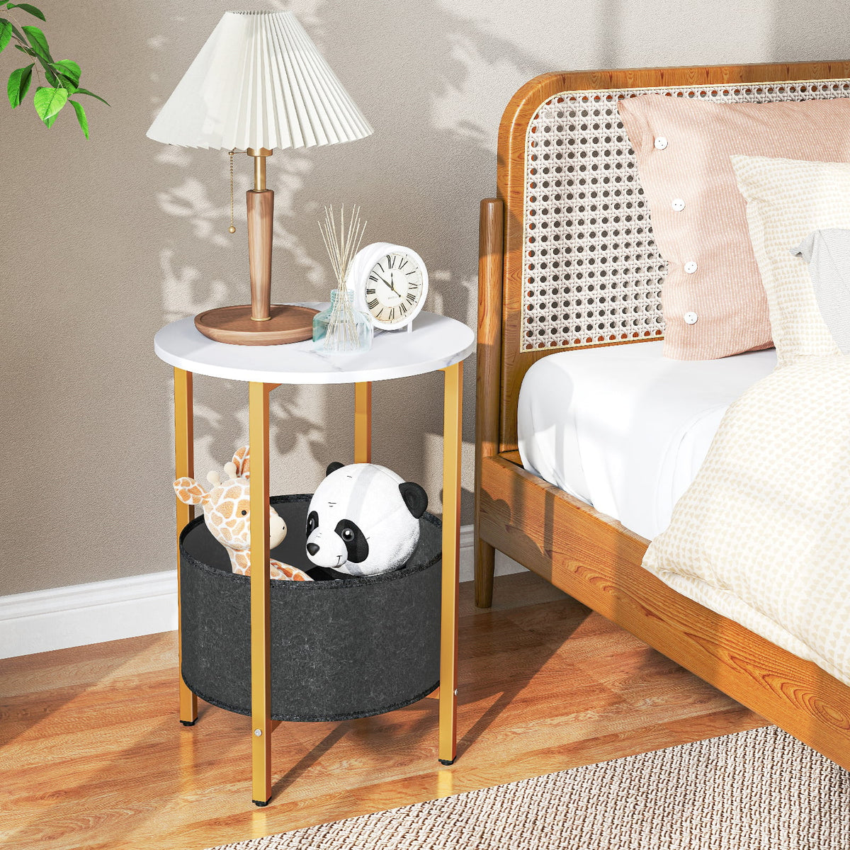 Round End Table 2-Tier Side Table with Removable Fabric Basket and Metal Frame-White-End & Side Tables-DECOROLALA