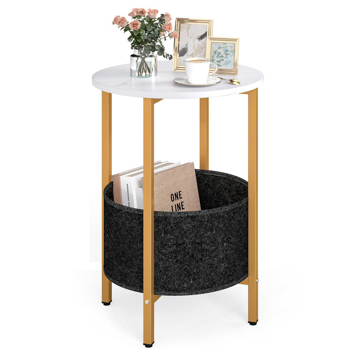 Round End Table 2-Tier Side Table with Removable Fabric Basket and Metal Frame-White-End & Side Tables-DECOROLALA