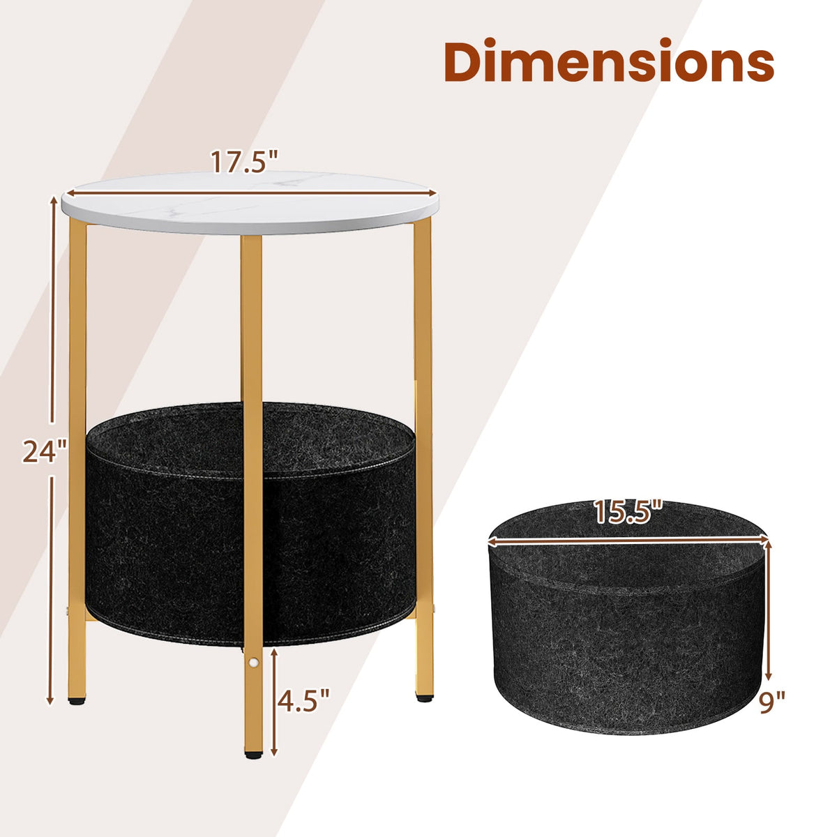 Round End Table 2-Tier Side Table with Removable Fabric Basket and Metal Frame-White-End & Side Tables-DECOROLALA