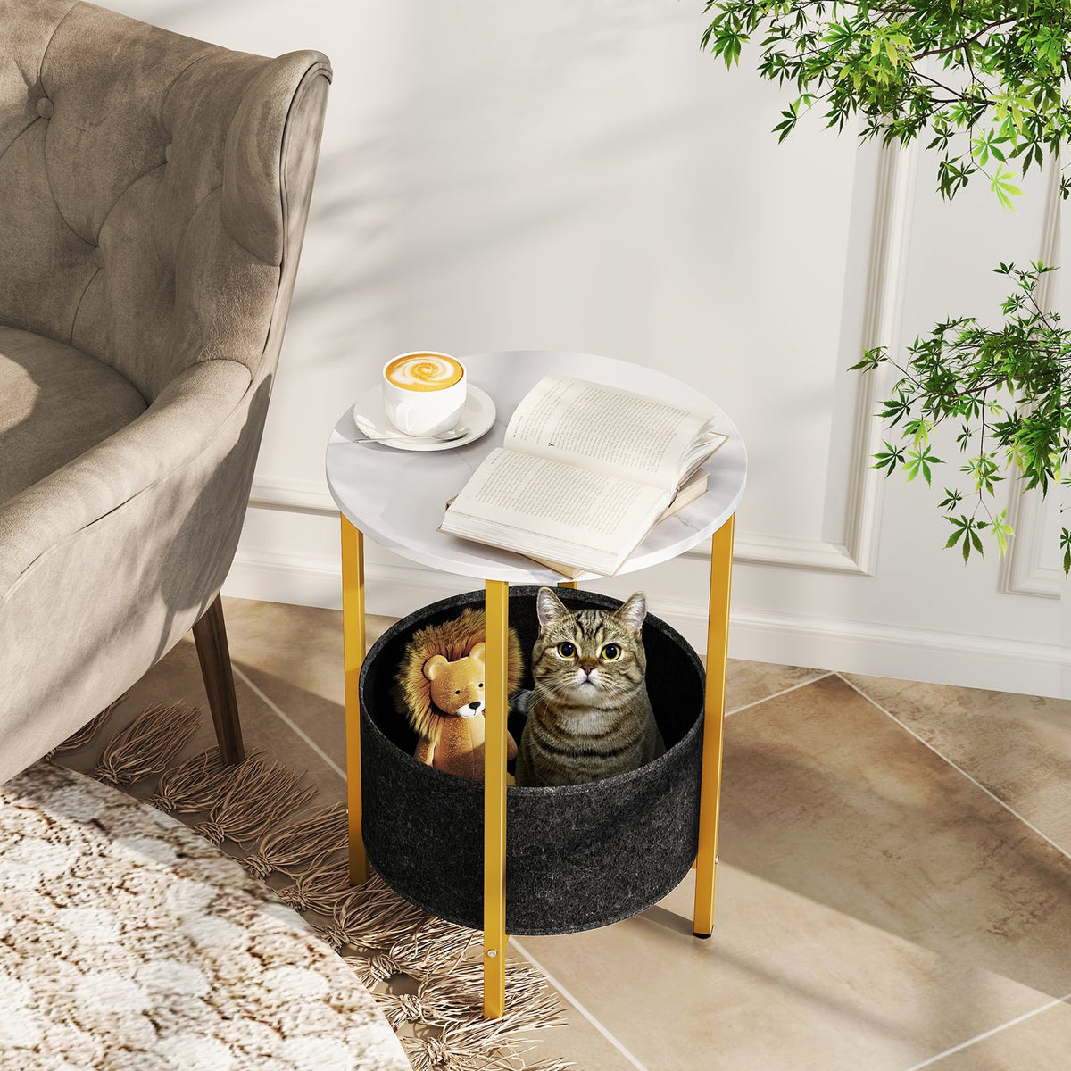 Round End Table 2-Tier Side Table with Removable Fabric Basket and Metal Frame-White-End & Side Tables-DECOROLALA