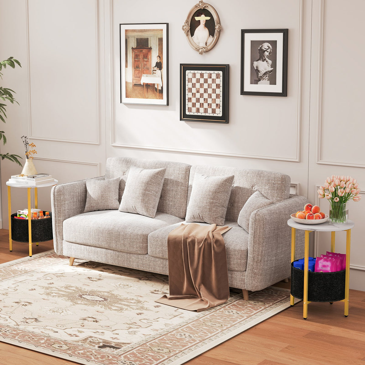 Round End Table 2-Tier Side Table with Removable Fabric Basket and Metal Frame-White-End & Side Tables-DECOROLALA