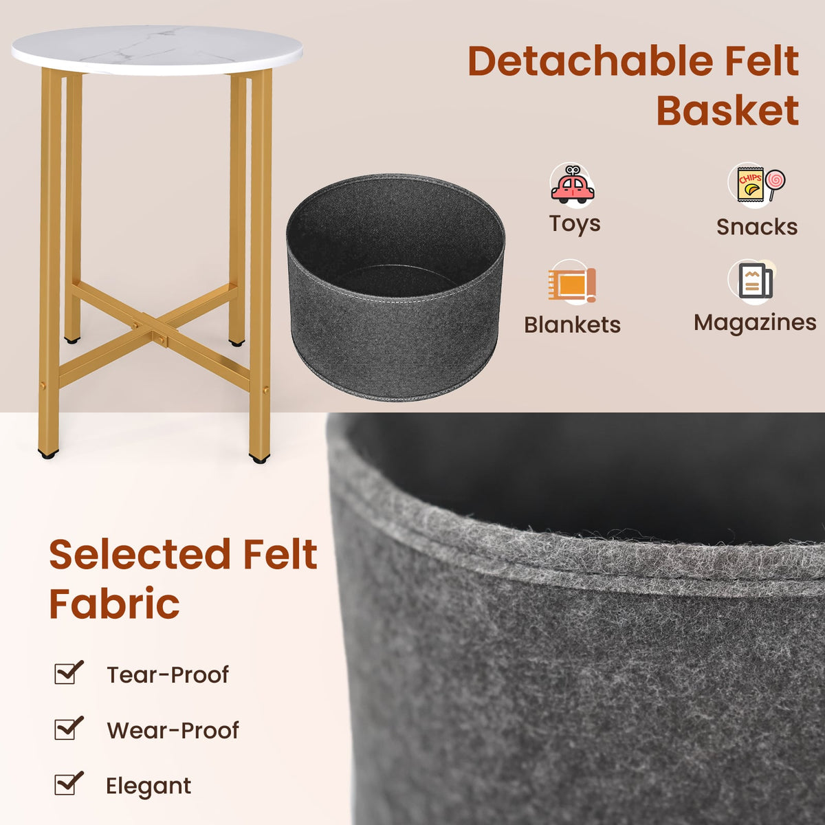 Round End Table 2-Tier Side Table with Removable Fabric Basket and Metal Frame-White-End & Side Tables-DECOROLALA