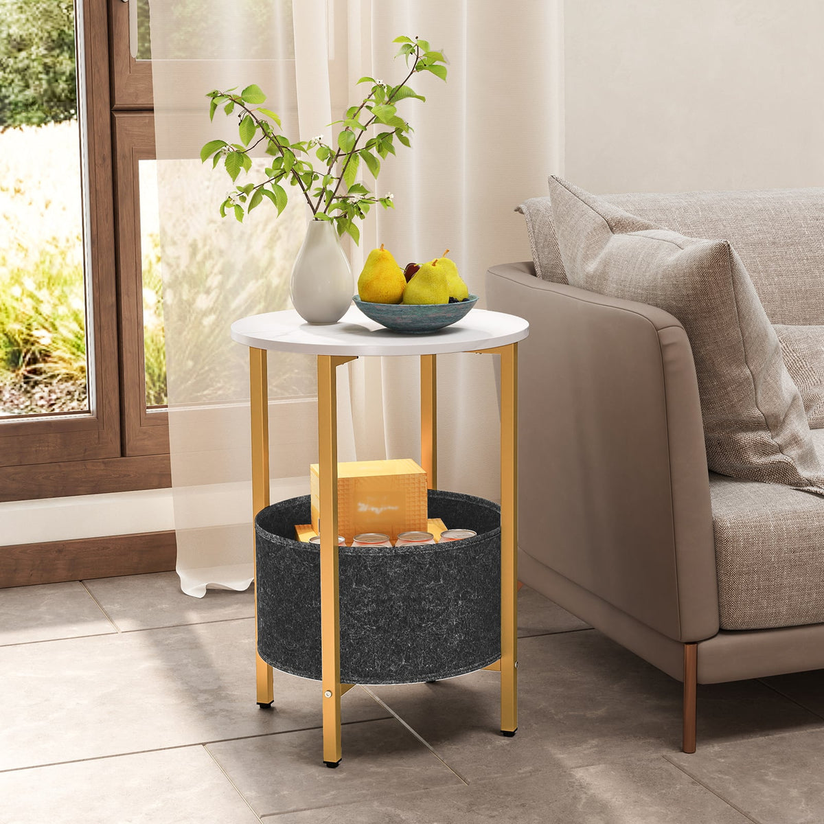 Round End Table 2-Tier Side Table with Removable Fabric Basket and Metal Frame-White-End & Side Tables-DECOROLALA