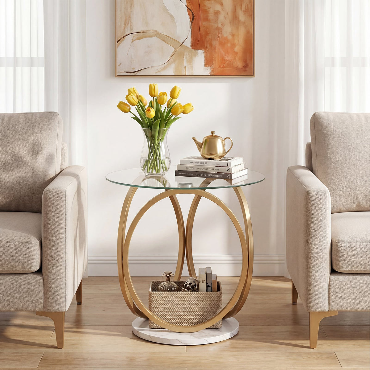 Round End Table Faux Marble Side Table with Tempered Glass Tabletop-Gold-End & Side Tables-DECOROLALA