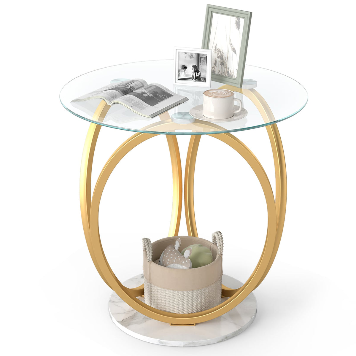 Round End Table Faux Marble Side Table with Tempered Glass Tabletop-Gold-End & Side Tables-DECOROLALA
