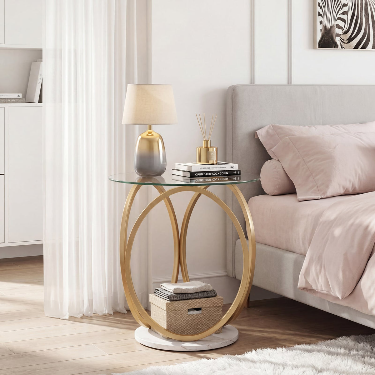 Round End Table Faux Marble Side Table with Tempered Glass Tabletop-Gold-End & Side Tables-DECOROLALA