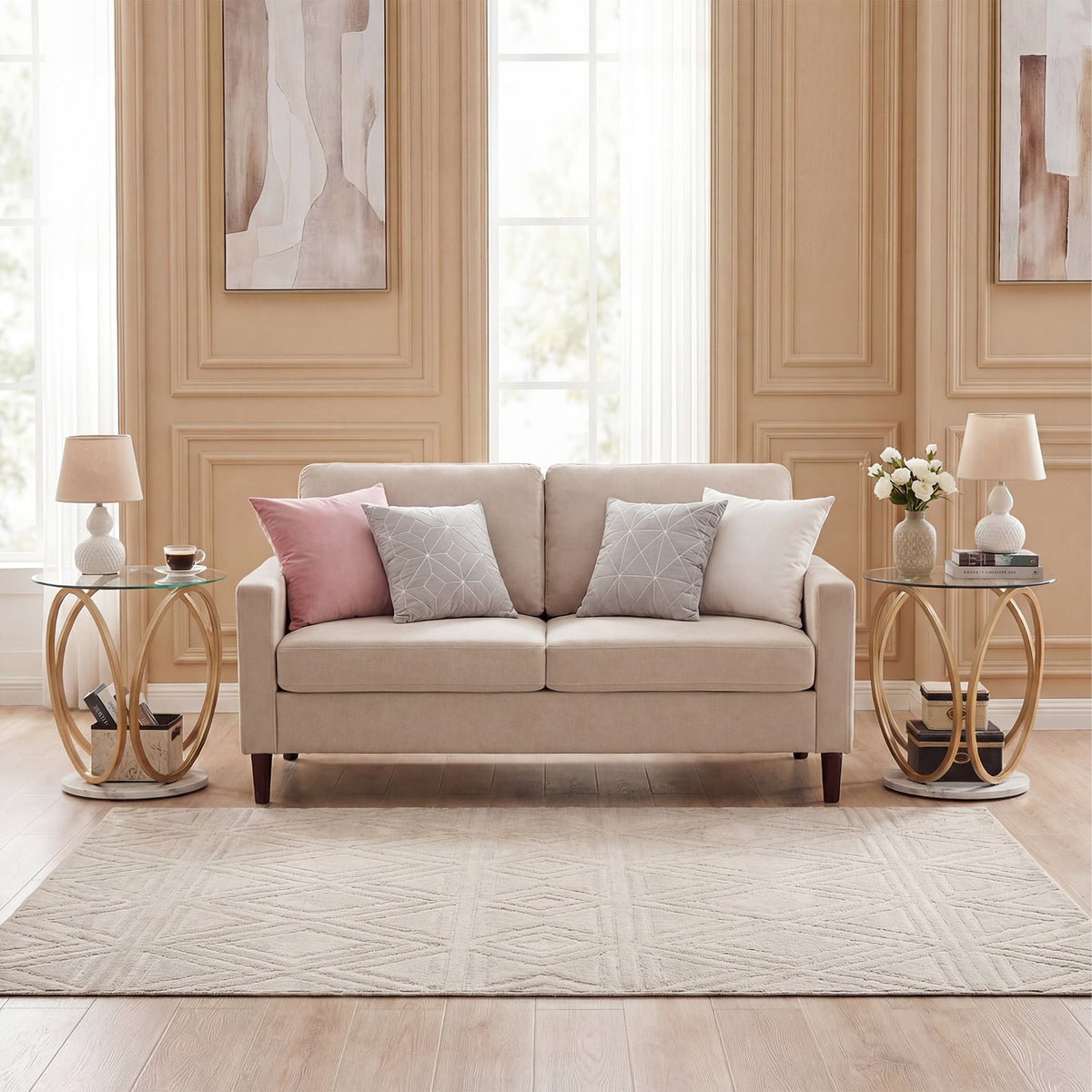 Round End Table Faux Marble Side Table with Tempered Glass Tabletop-Gold-End & Side Tables-DECOROLALA