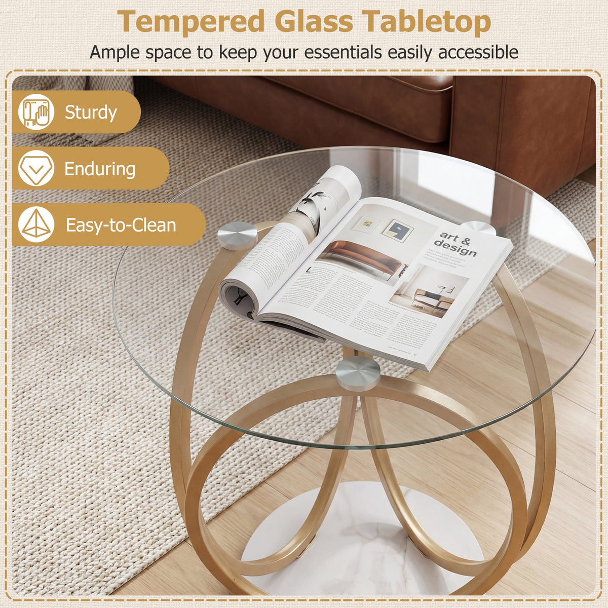 Round End Table Faux Marble Side Table with Tempered Glass Tabletop-Gold-End & Side Tables-DECOROLALA