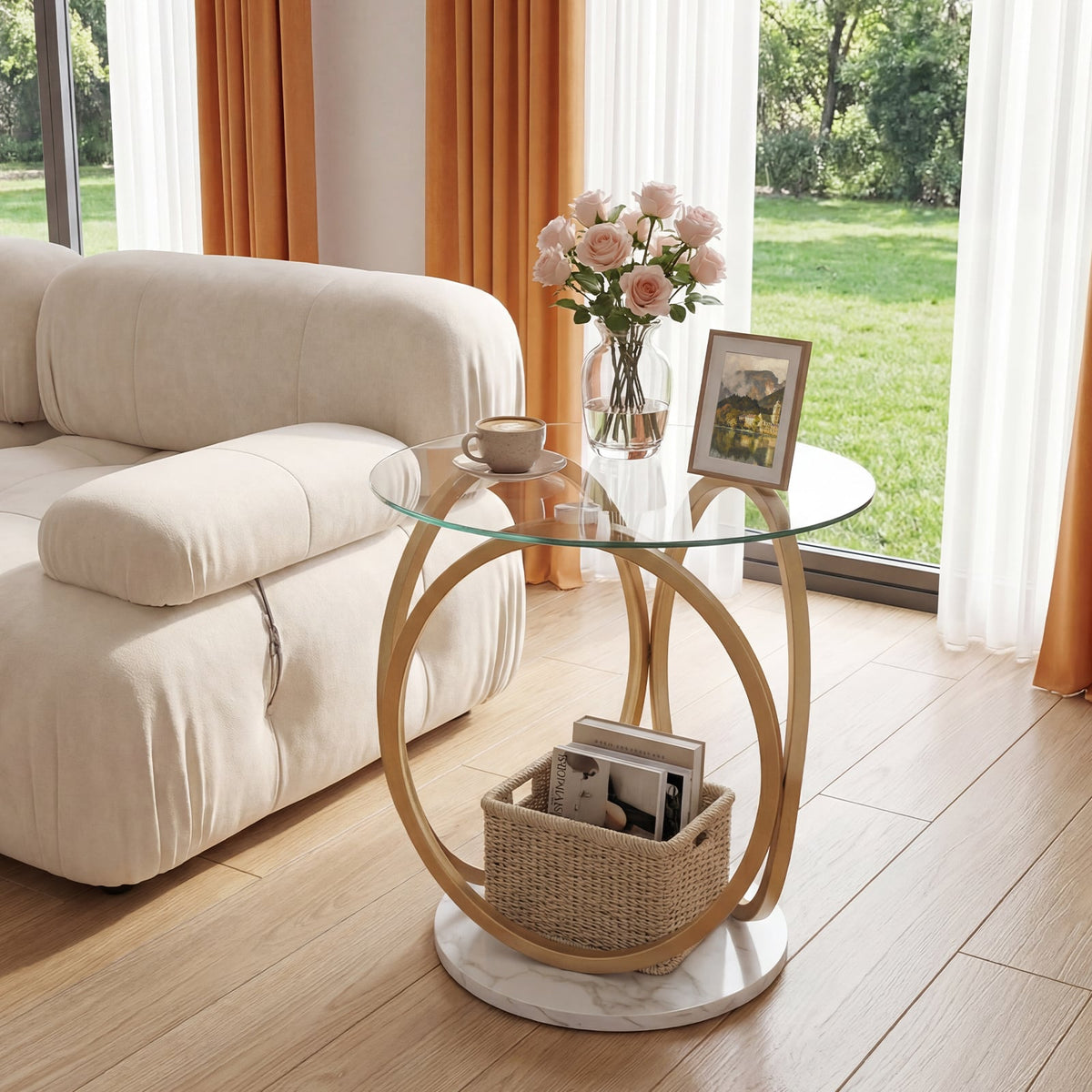 Round End Table Faux Marble Side Table with Tempered Glass Tabletop-Gold-End & Side Tables-DECOROLALA