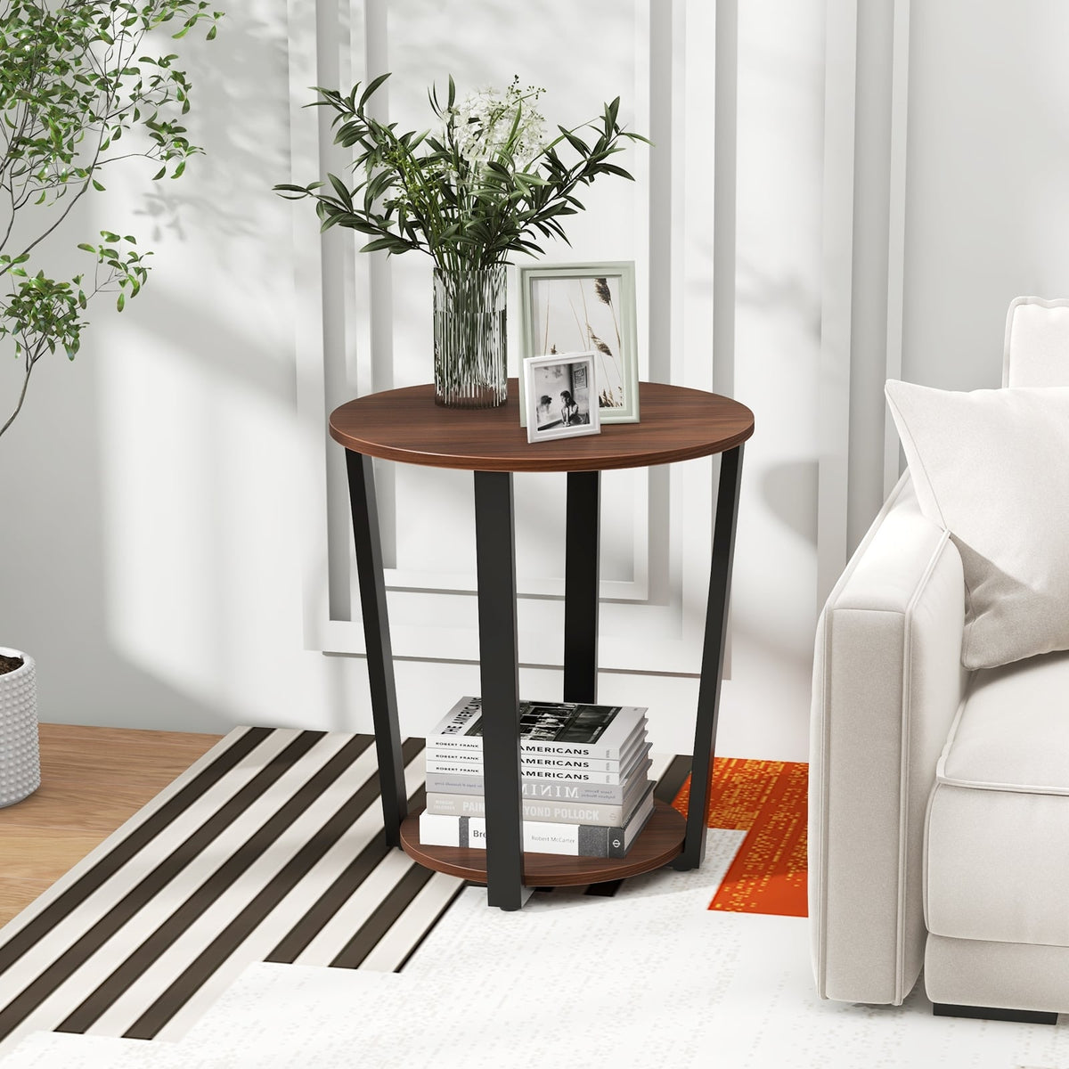 Round End Table with Open Shelf and Metal Frame-Walnut-End & Side Tables-DECOROLALA