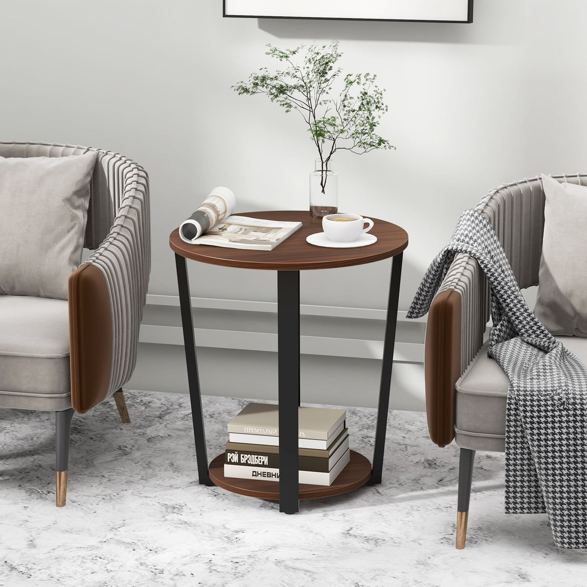 Round End Table with Open Shelf and Metal Frame-Walnut-End & Side Tables-DECOROLALA