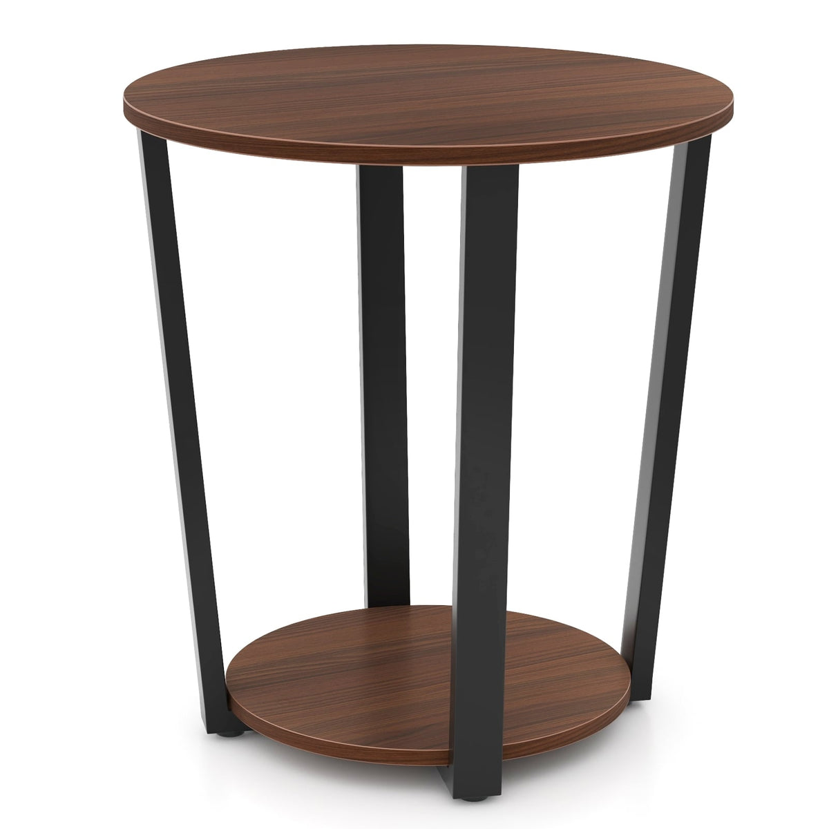Round End Table with Open Shelf and Metal Frame-Walnut-End & Side Tables-DECOROLALA