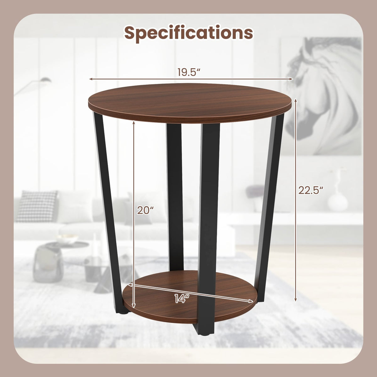 Round End Table with Open Shelf and Metal Frame-Walnut-End & Side Tables-DECOROLALA