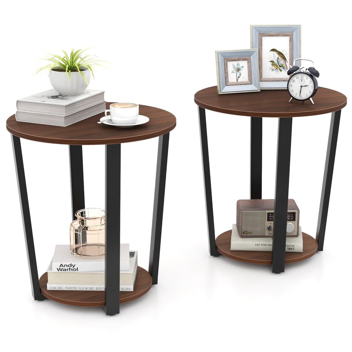 Round End Table with Open Shelf and Metal Frame-Walnut-End & Side Tables-DECOROLALA