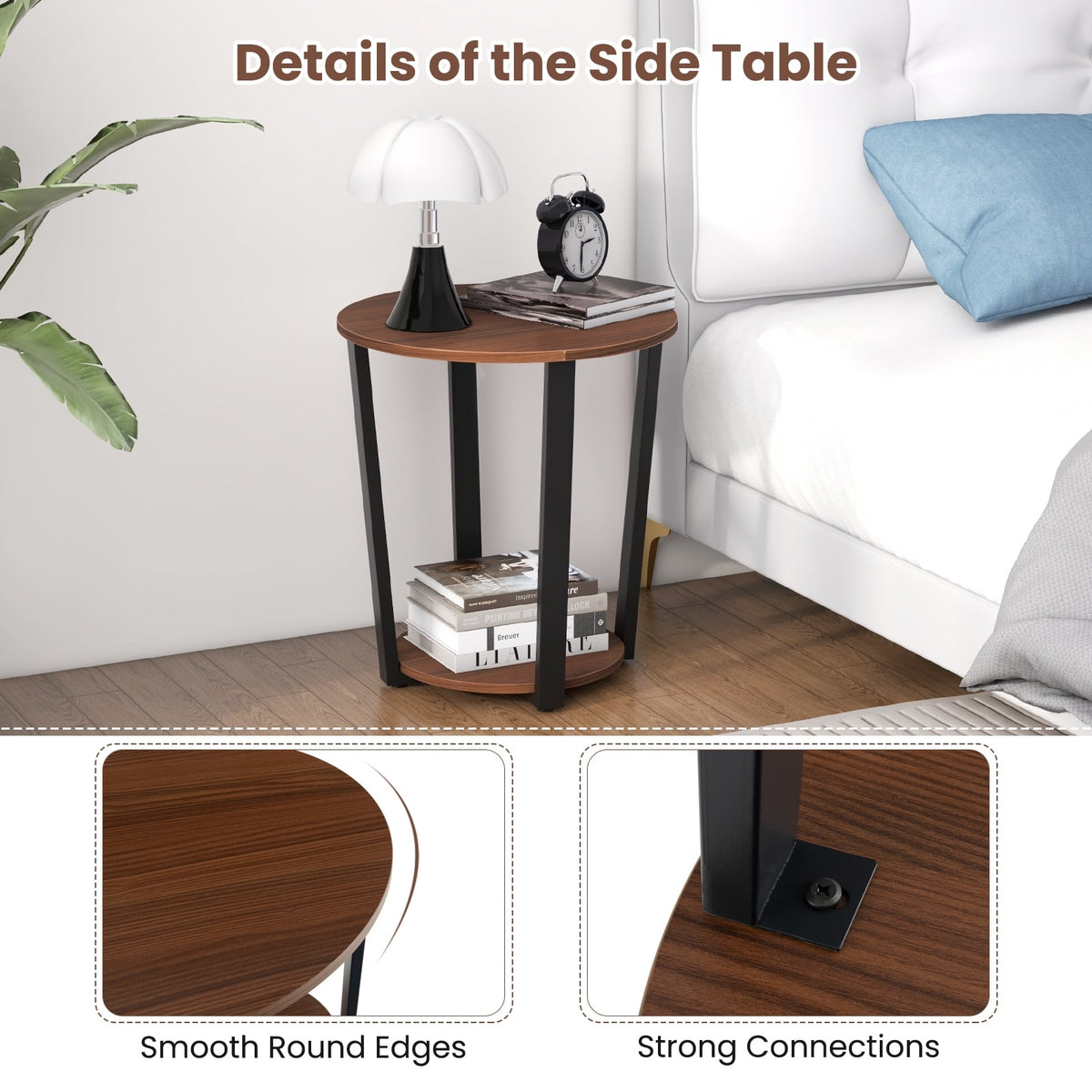Round End Table with Open Shelf and Metal Frame-Walnut-End & Side Tables-DECOROLALA