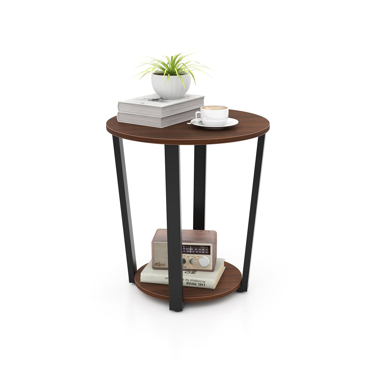 Round End Table with Open Shelf and Metal Frame-Walnut-End & Side Tables-DECOROLALA