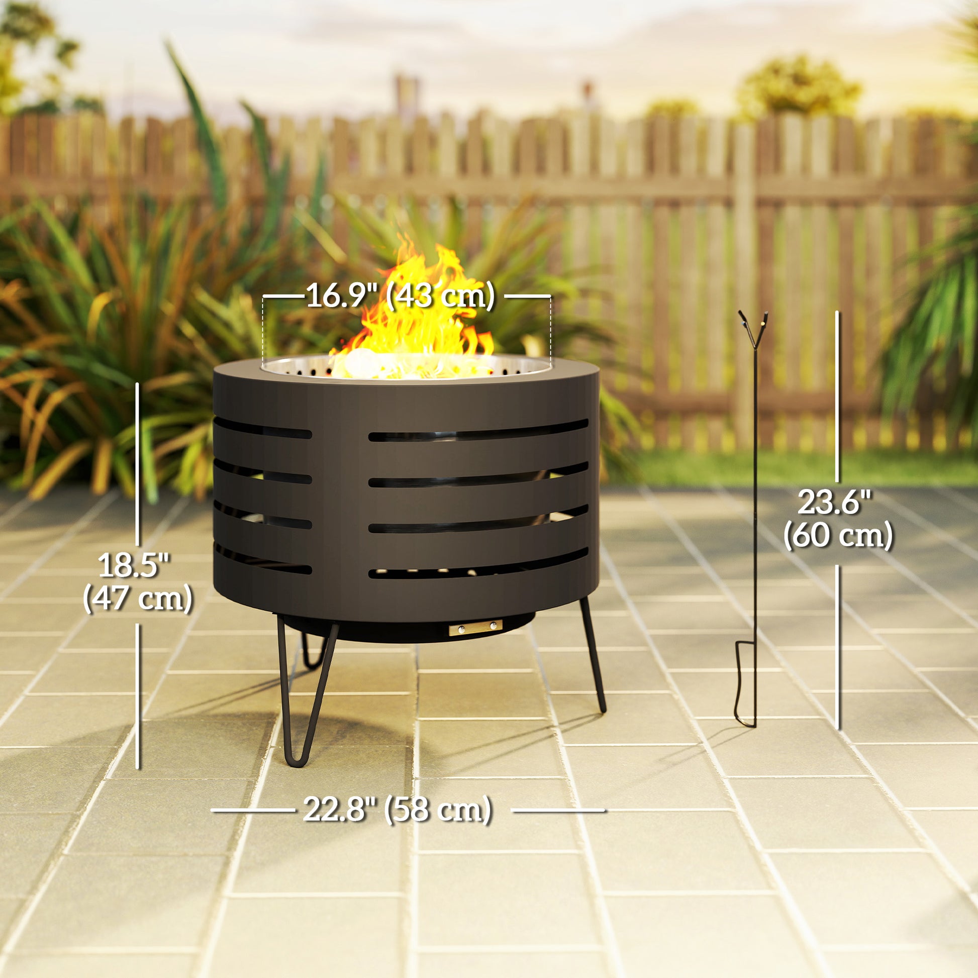 Round Fire Pit with Fire Poker, Portable Wood Burning Firepit with Ash Tray and Hairpin Legs, Outdoor Fireplace, Black-Patio & Garden > Fire Pits-DECOROLALA