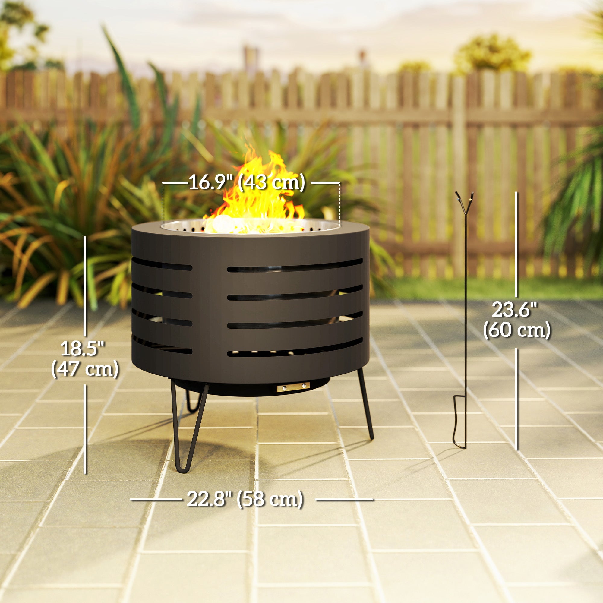 Round Fire Pit with Fire Poker, Portable Wood Burning Firepit with Ash Tray and Hairpin Legs, Outdoor Fireplace, Black-Patio & Garden > Fire Pits-DECOROLALA