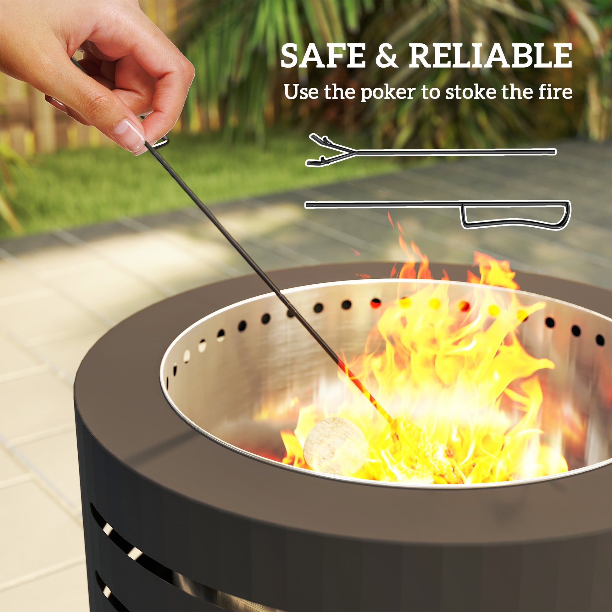 Round Fire Pit with Fire Poker, Portable Wood Burning Firepit with Ash Tray and Hairpin Legs, Outdoor Fireplace, Black-Patio & Garden > Fire Pits-DECOROLALA
