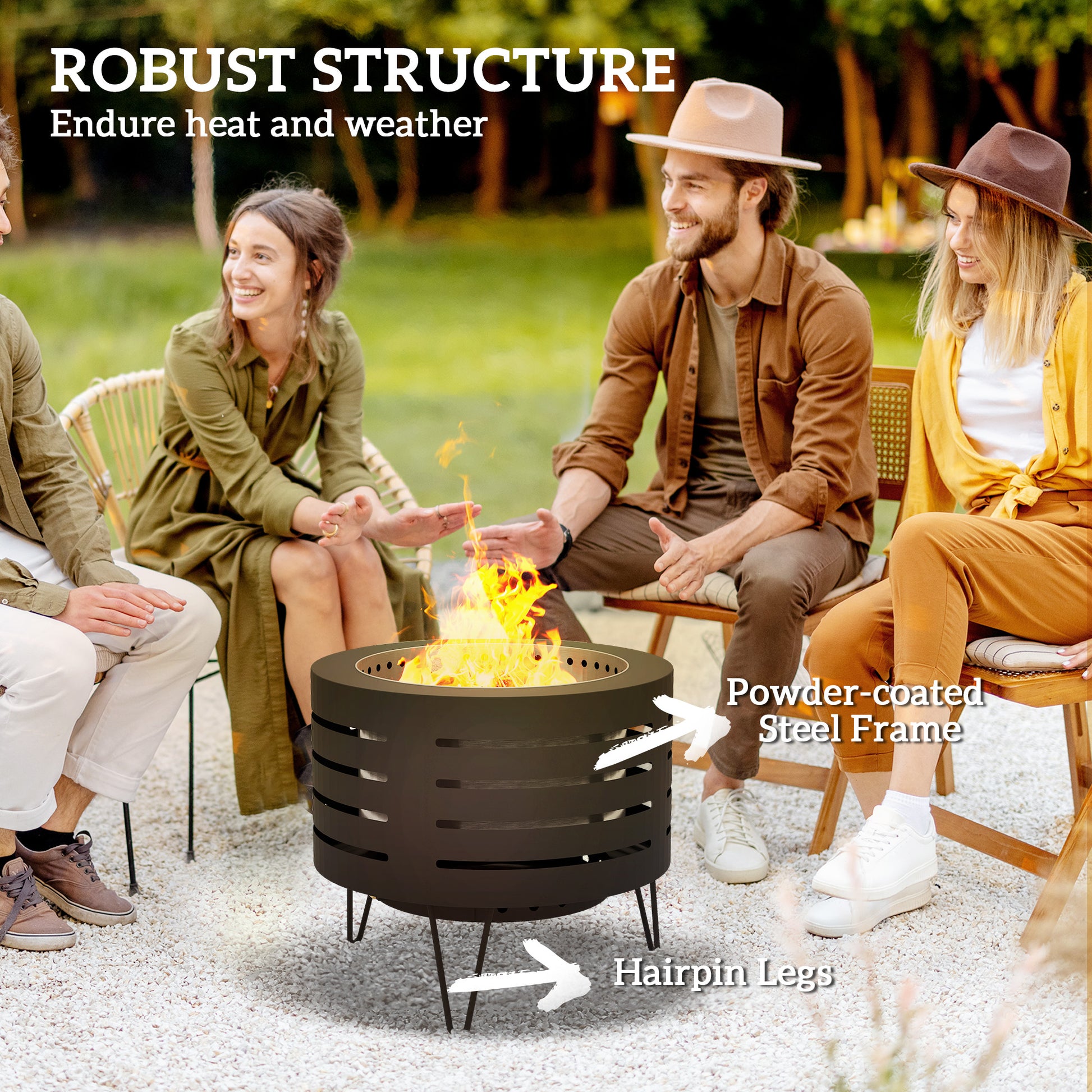 Round Fire Pit with Fire Poker, Portable Wood Burning Firepit with Ash Tray and Hairpin Legs, Outdoor Fireplace, Black-Patio & Garden > Fire Pits-DECOROLALA