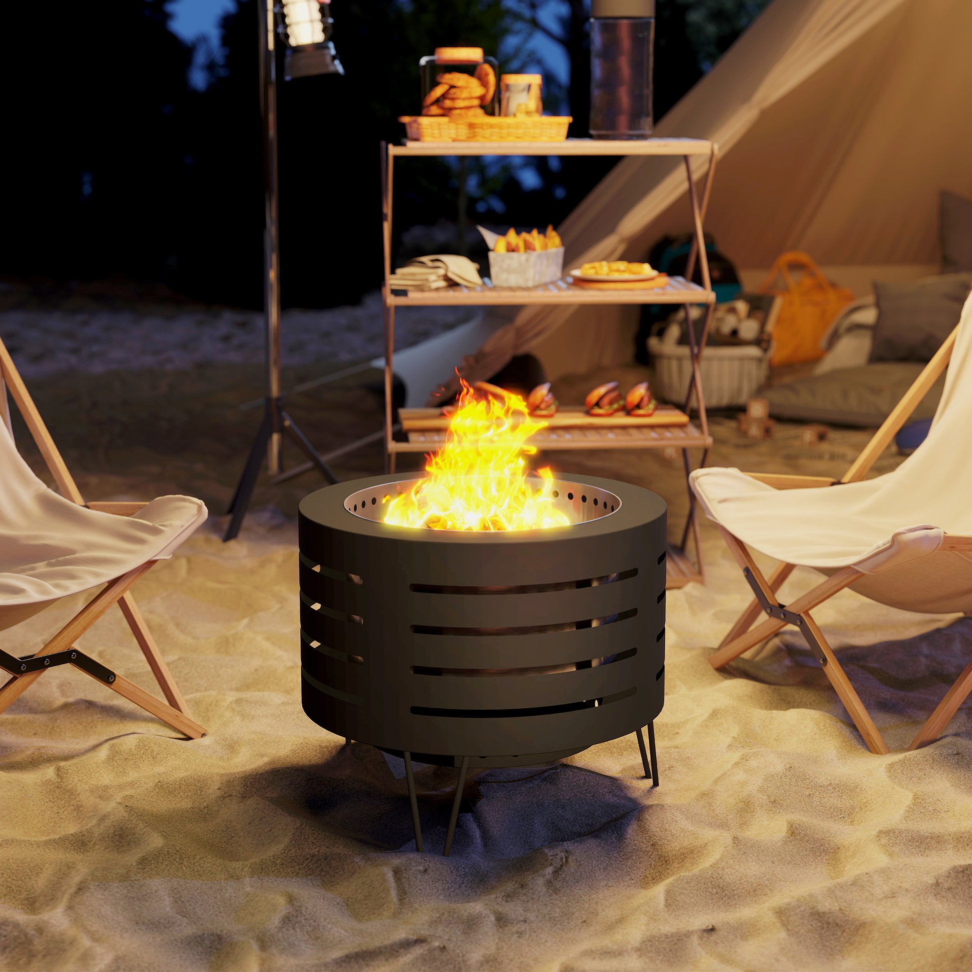 Round Fire Pit with Fire Poker, Portable Wood Burning Firepit with Ash Tray and Hairpin Legs, Outdoor Fireplace, Black-Patio & Garden > Fire Pits-DECOROLALA