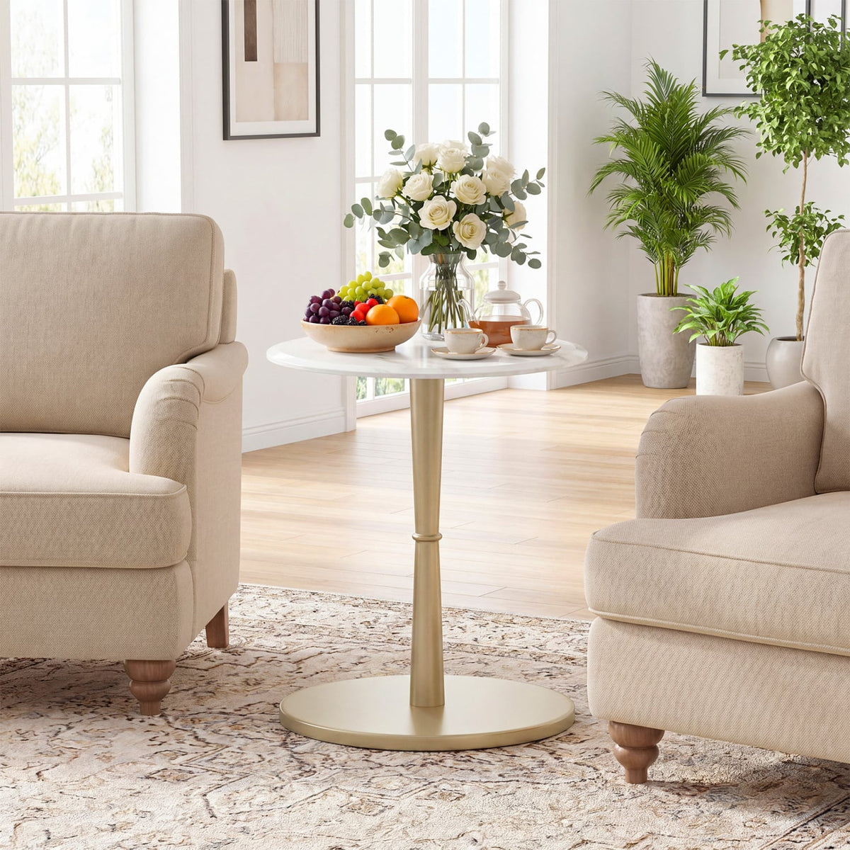 Round Marble Side Table with Stone Finish and Wooden Base for Small Spaces-White and Gold-End & Side Tables-DECOROLALA