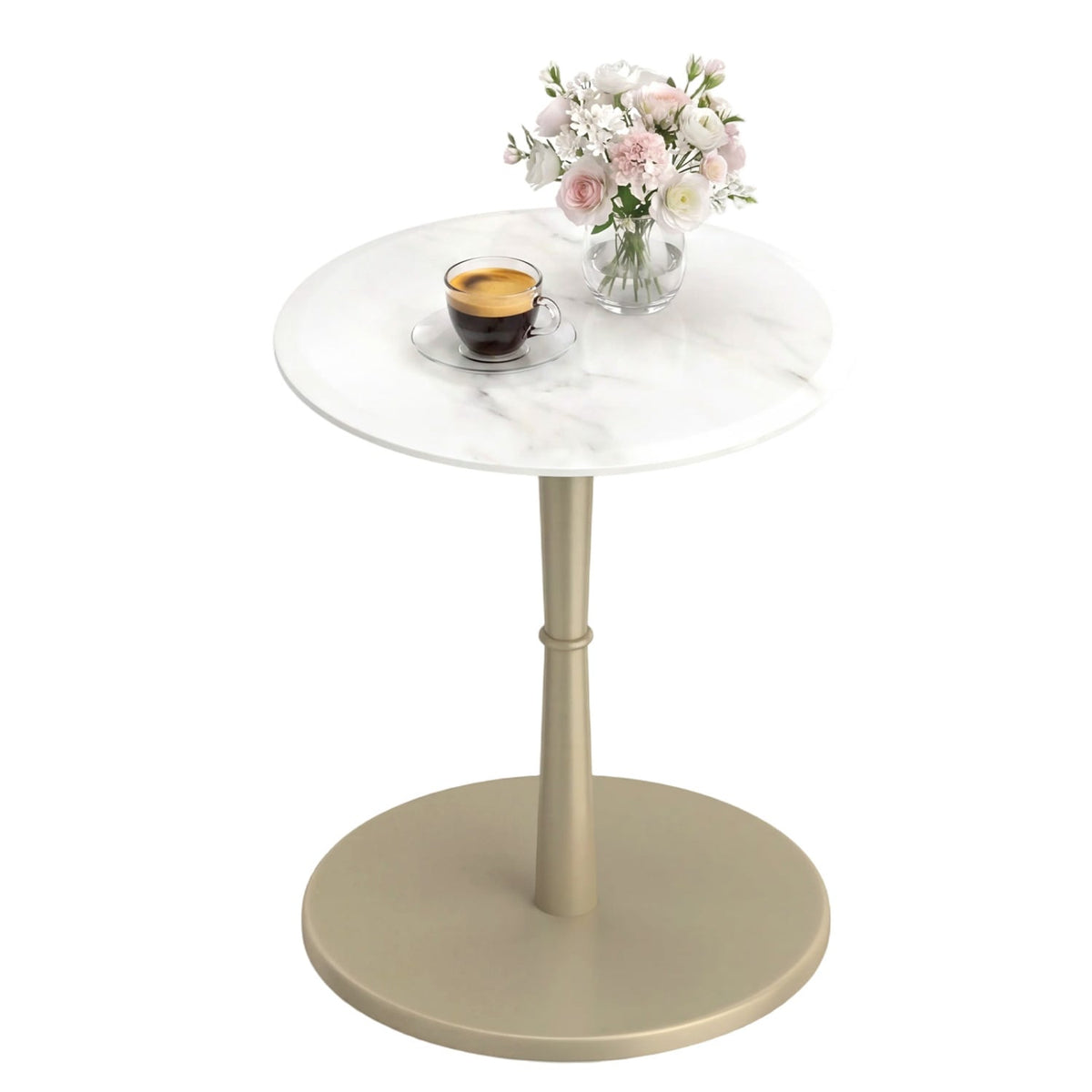 Round Marble Side Table with Stone Finish and Wooden Base for Small Spaces-White and Gold-End & Side Tables-DECOROLALA
