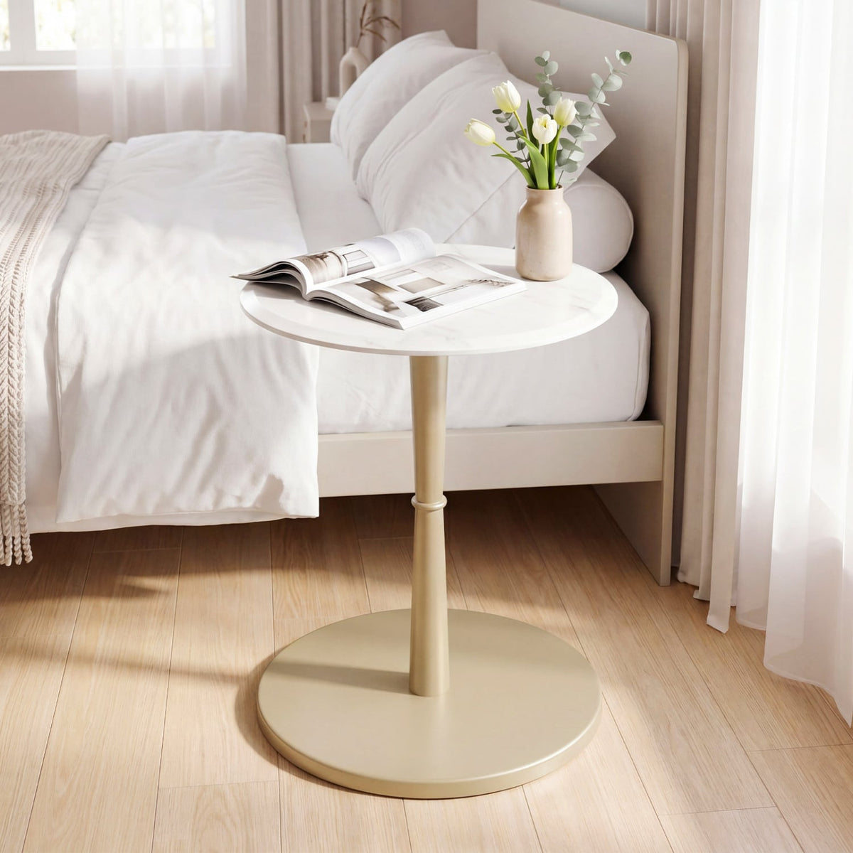 Round Marble Side Table with Stone Finish and Wooden Base for Small Spaces-White and Gold-End & Side Tables-DECOROLALA