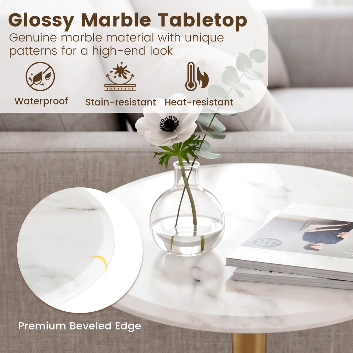 Round Marble Side Table with Stone Finish and Wooden Base for Small Spaces-White and Gold-End & Side Tables-DECOROLALA