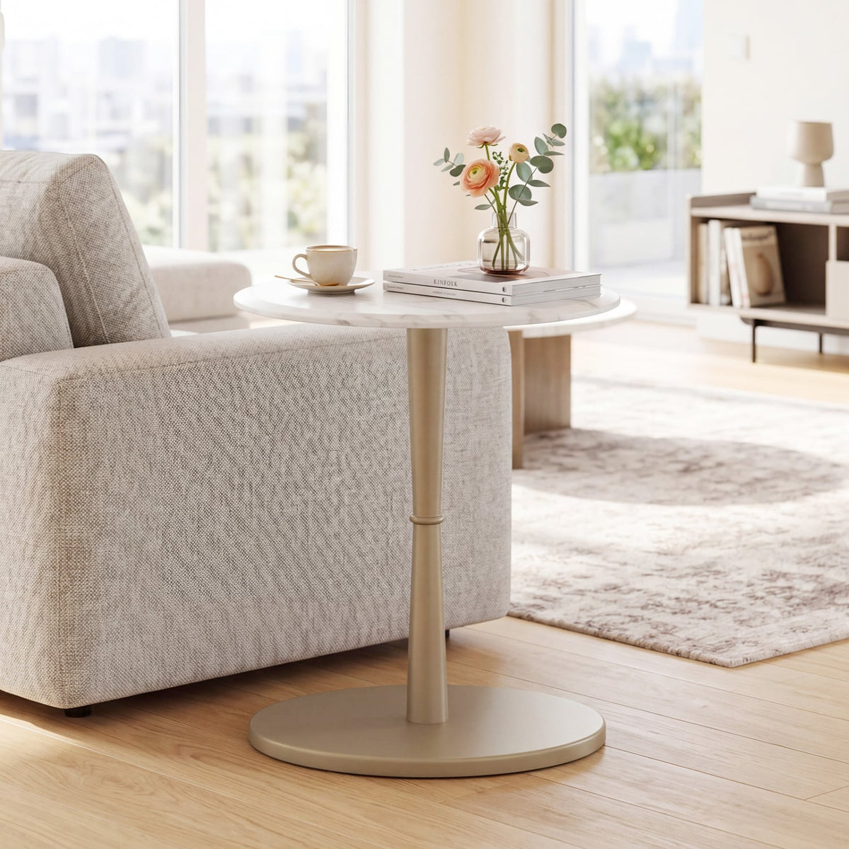 Round Marble Side Table with Stone Finish and Wooden Base for Small Spaces-White and Gold-End & Side Tables-DECOROLALA