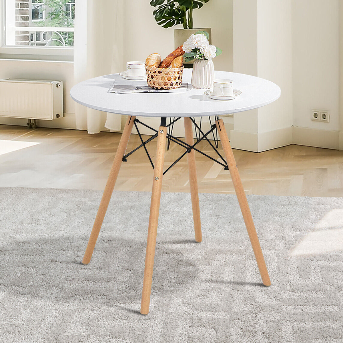 Round Modern Dining Table with Solid Wooden Leg-White-Dining Tables-DECOROLALA