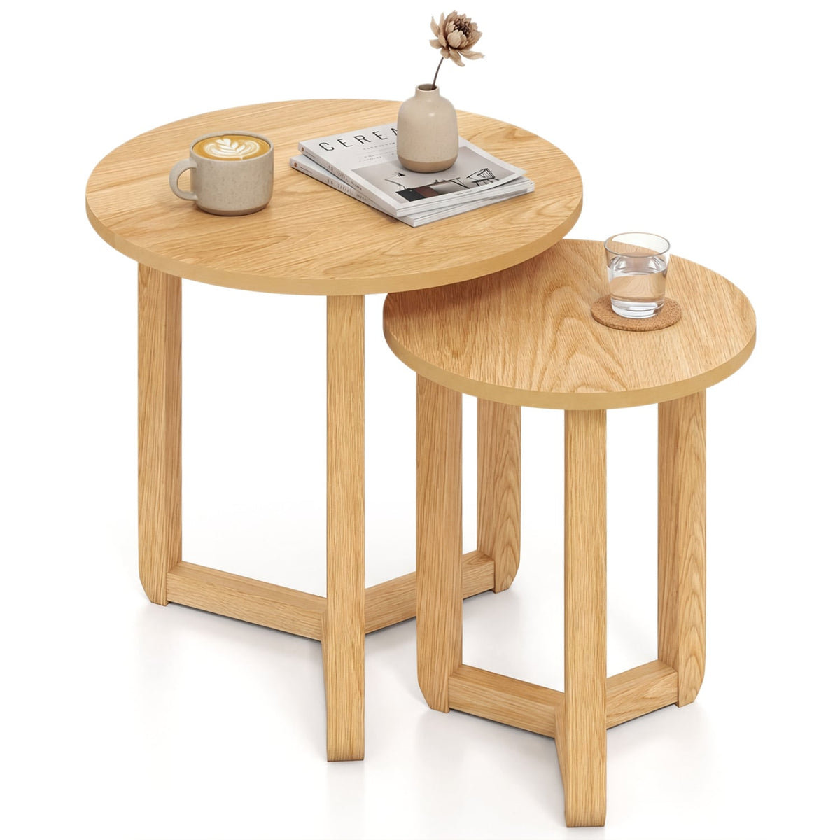 Round Nesting Coffee Table Set of 2 Wood Nesting End Tables with Thickened Top-Natural-Coffee Tables-DECOROLALA