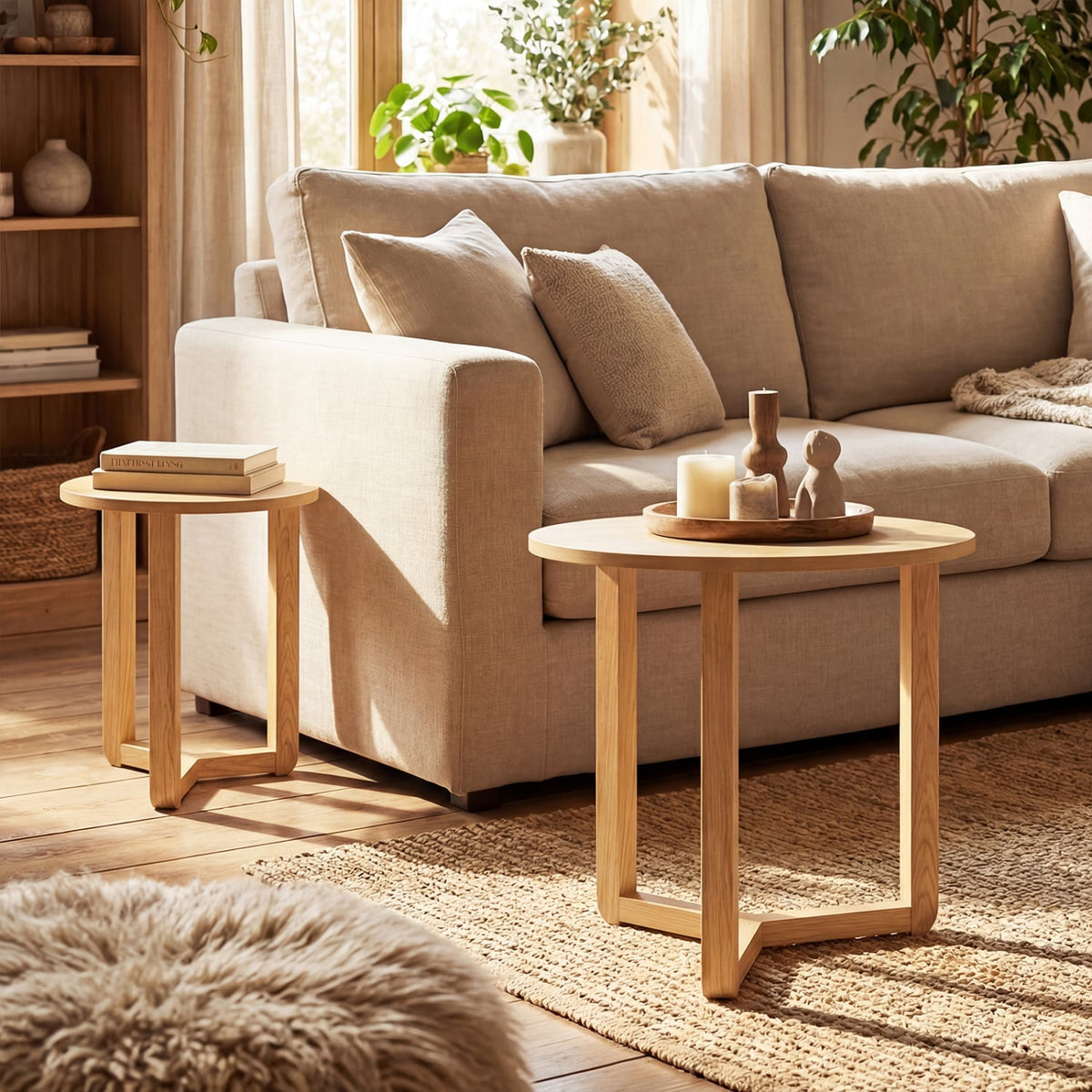 Round Nesting Coffee Table Set of 2 Wood Nesting End Tables with Thickened Top-Natural-Coffee Tables-DECOROLALA